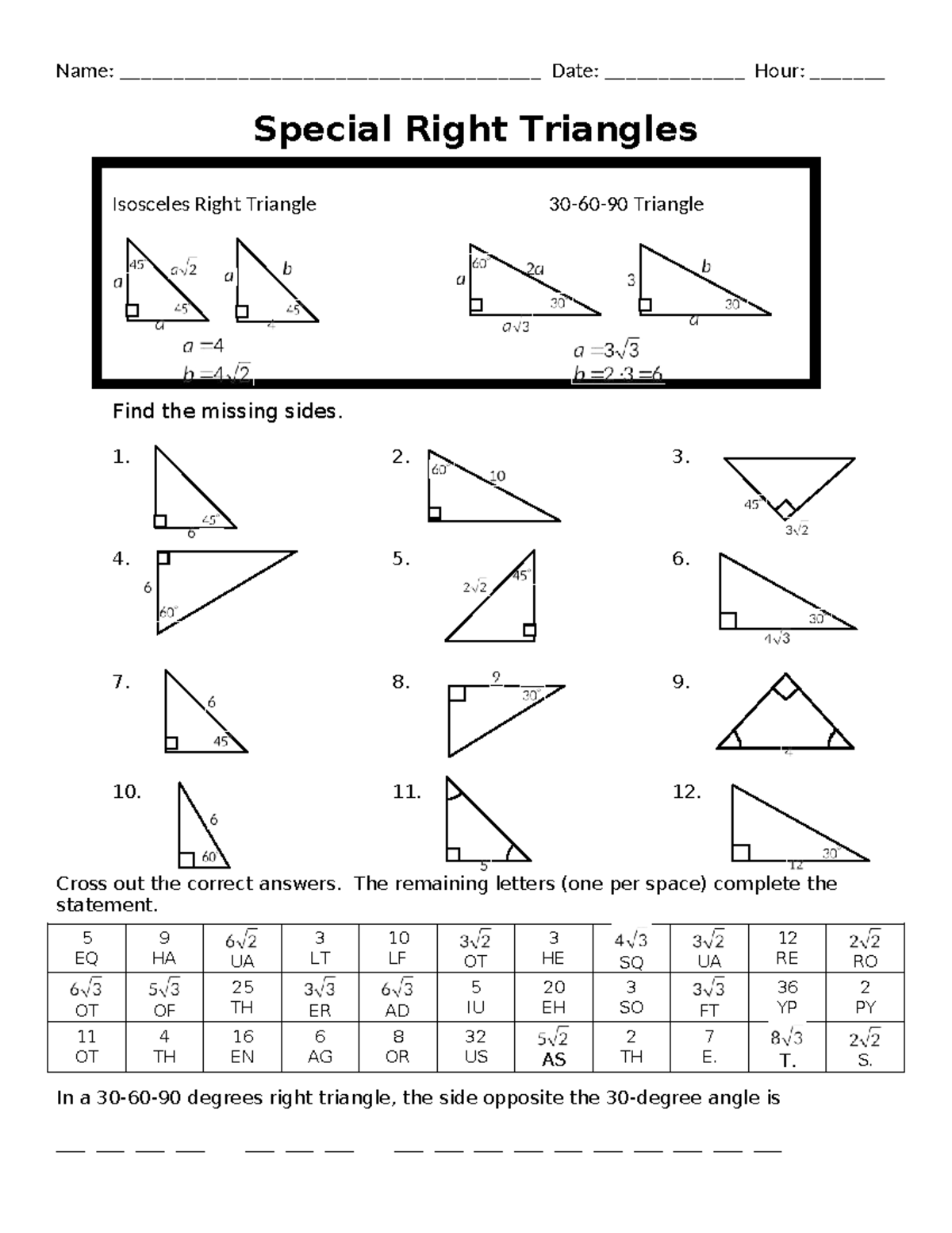W.S. Special Right Triangles Practice Worksheet - Studocu