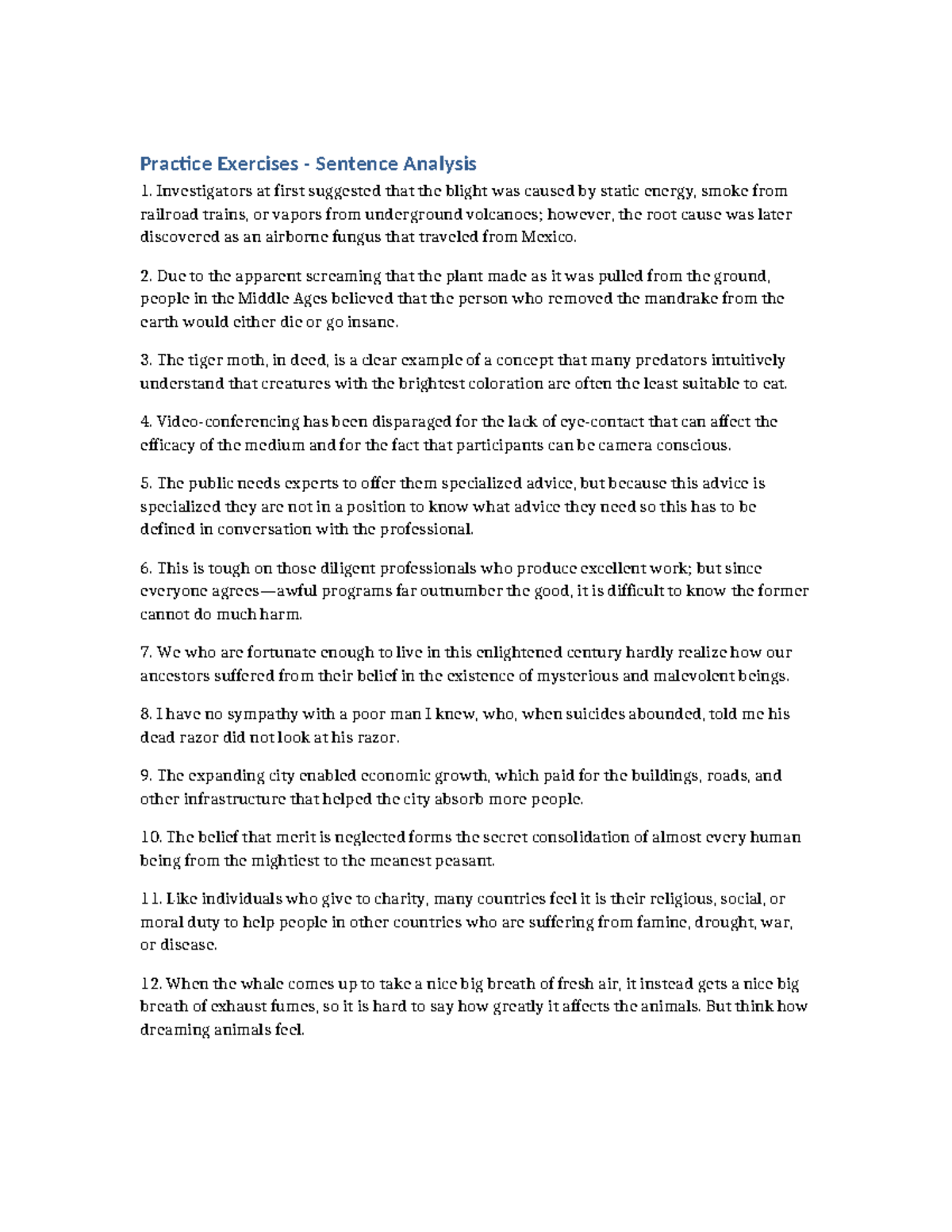 Sentence Analysis Exercises: Practice and Insights - Studocu