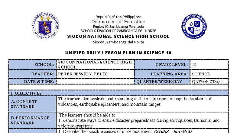 Unified Daily Lesson Plan in Science 10 (S10) - Week 1 - Studocu