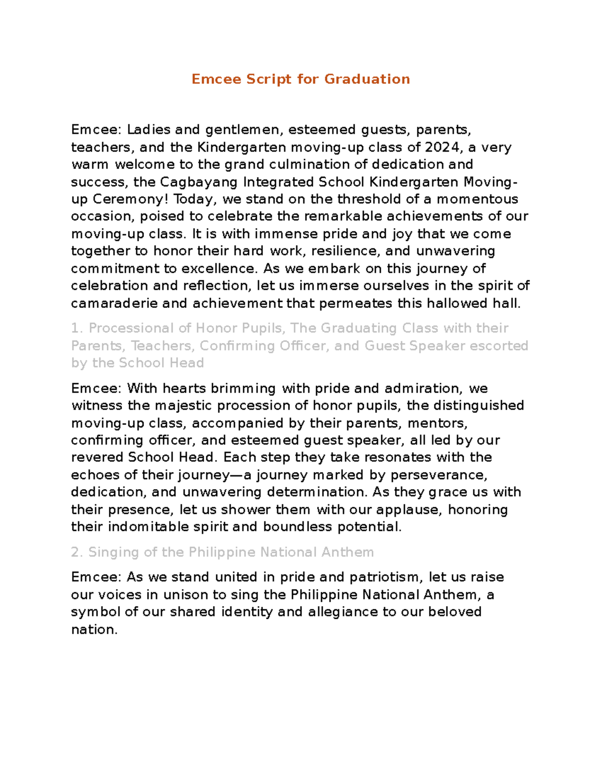 Emcee Script for Kindergarten Graduation Ceremony 2024 - Studocu