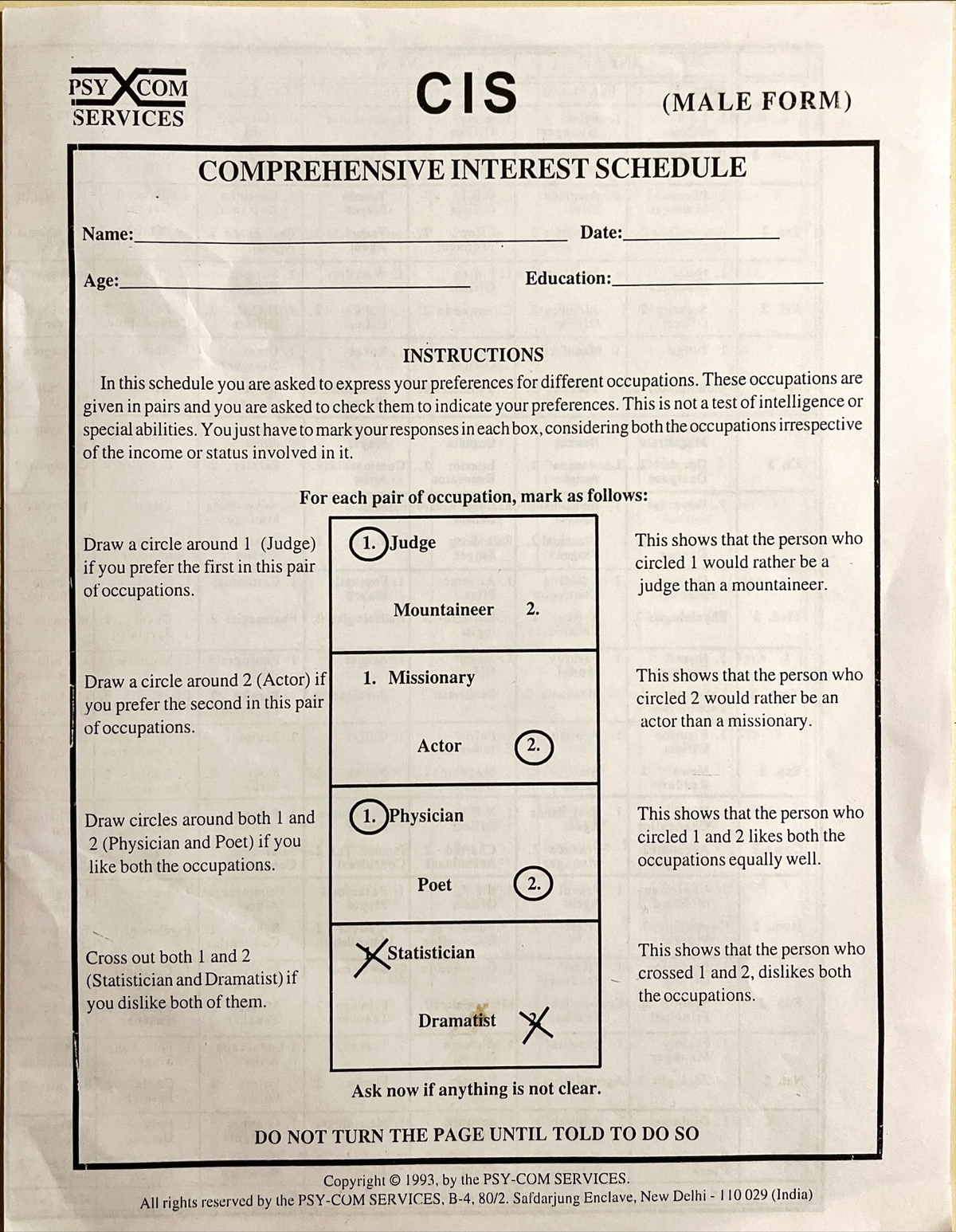 Comprehensive interest schedule form male - PSY COM CIS (MALE FORM ...
