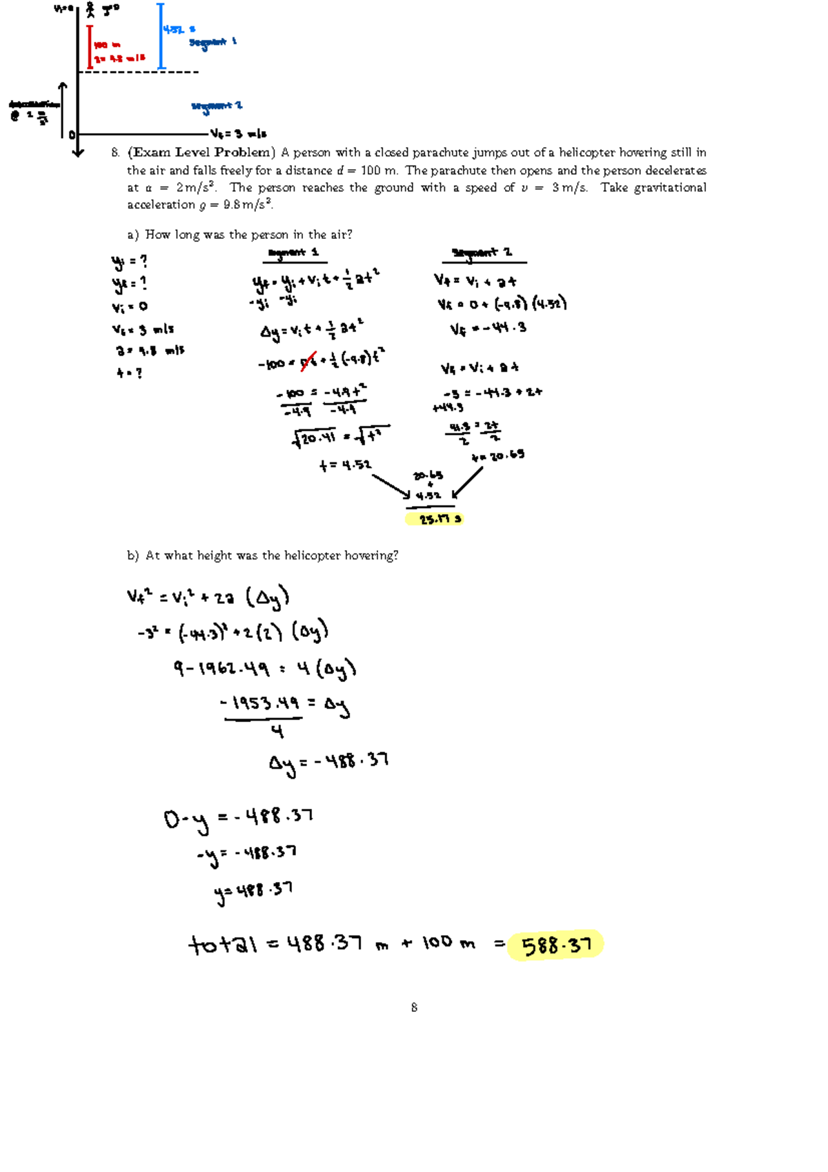Sp25 8A Exam Problem: Parachute Free Fall & Deceleration Analysis - Studocu