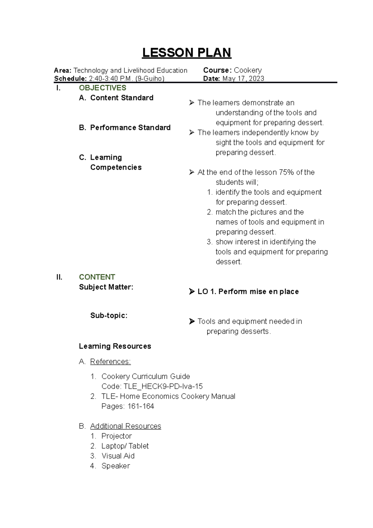 COOKERY 9 LESSON PLAN ON DESSERT TOOLS & EQUIPMENT - Studocu
