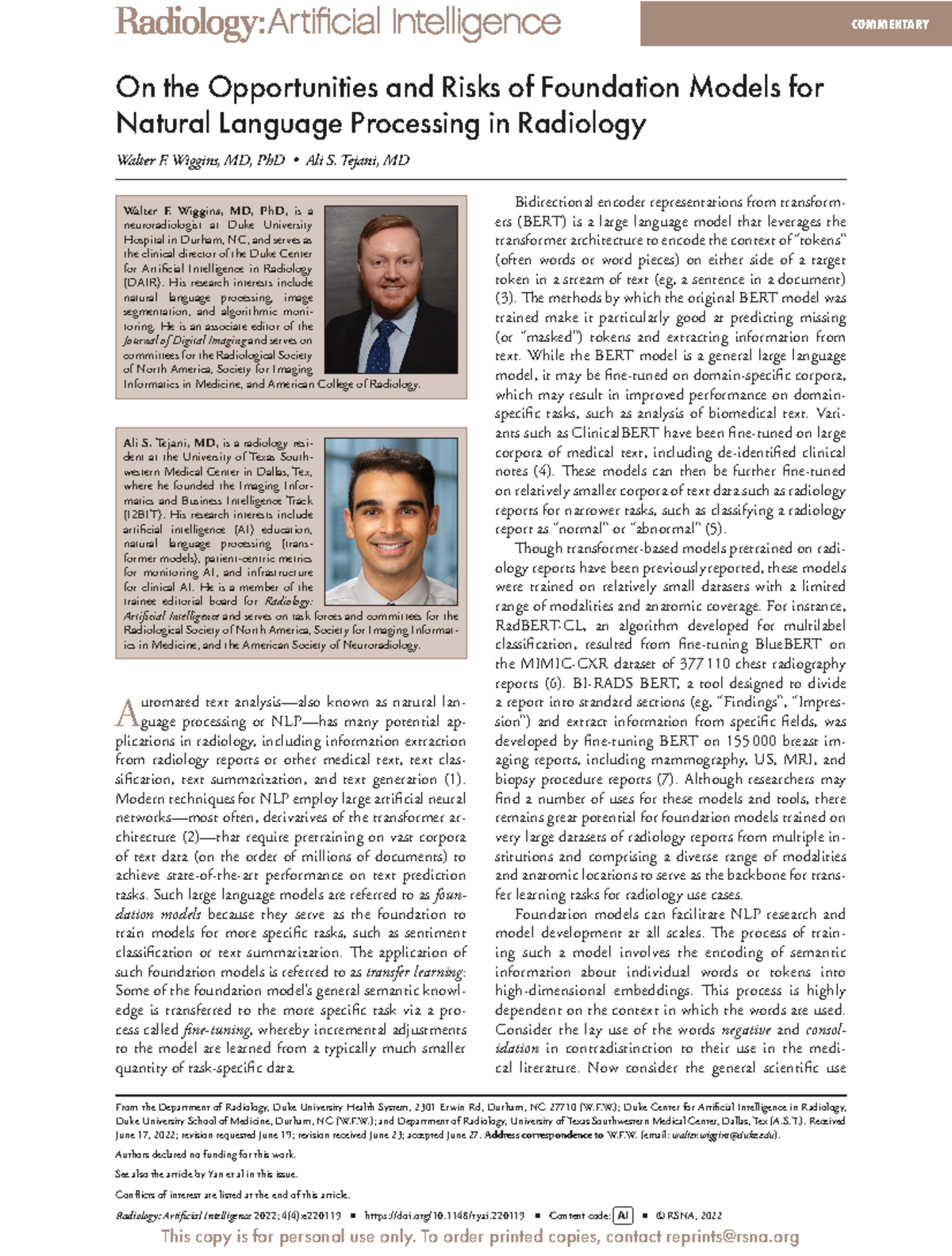 Opportunities and Risks of Foundation Models in NLP for Radiology (RAD ...