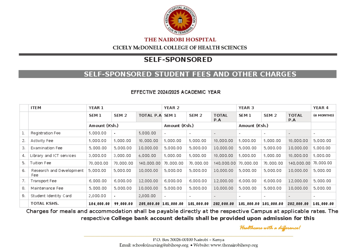 Self-Sponsored Student Fee Structure for 2024/2025 Academic Year - Studocu