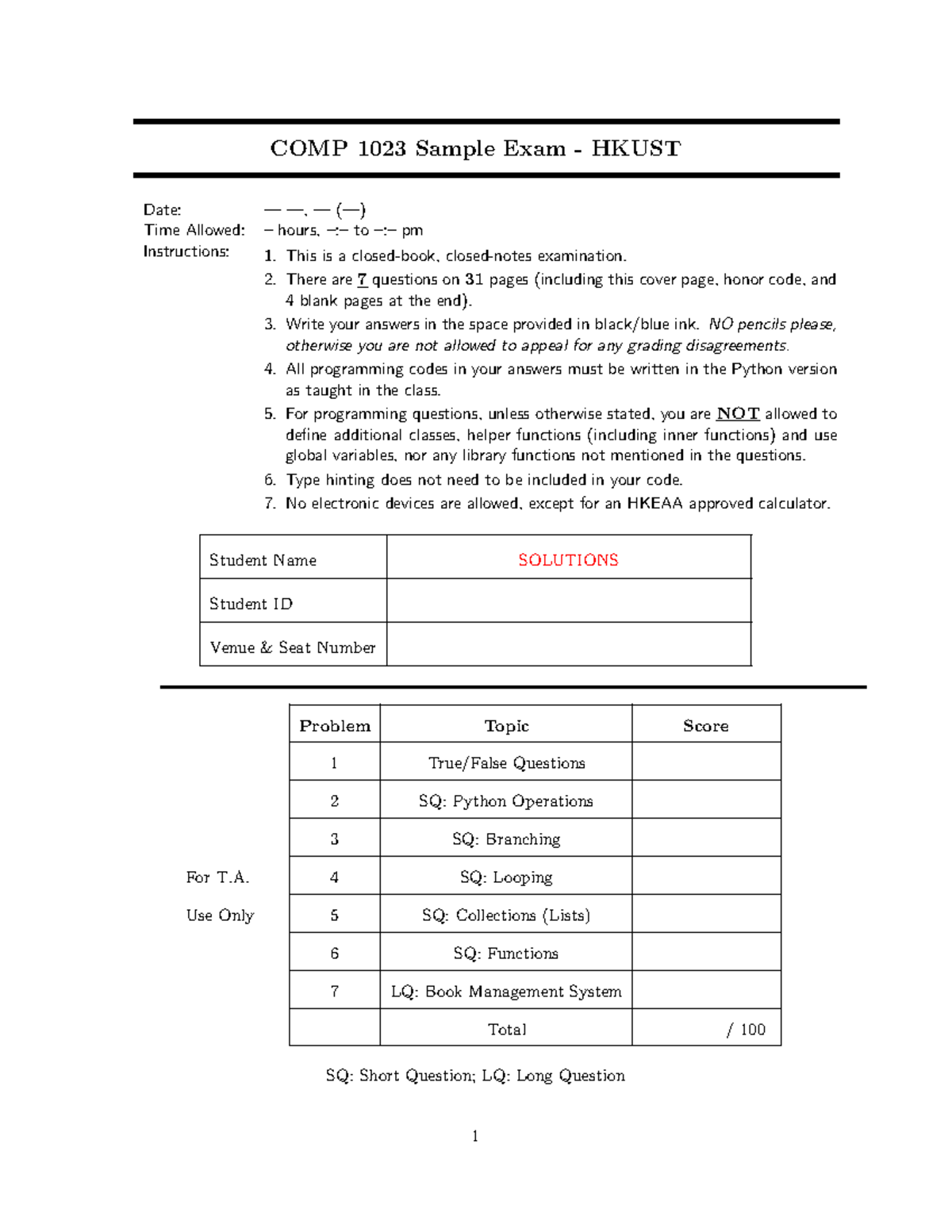 COMP 1023 Sample Exam Solutions: Python Programming Concepts - Studocu