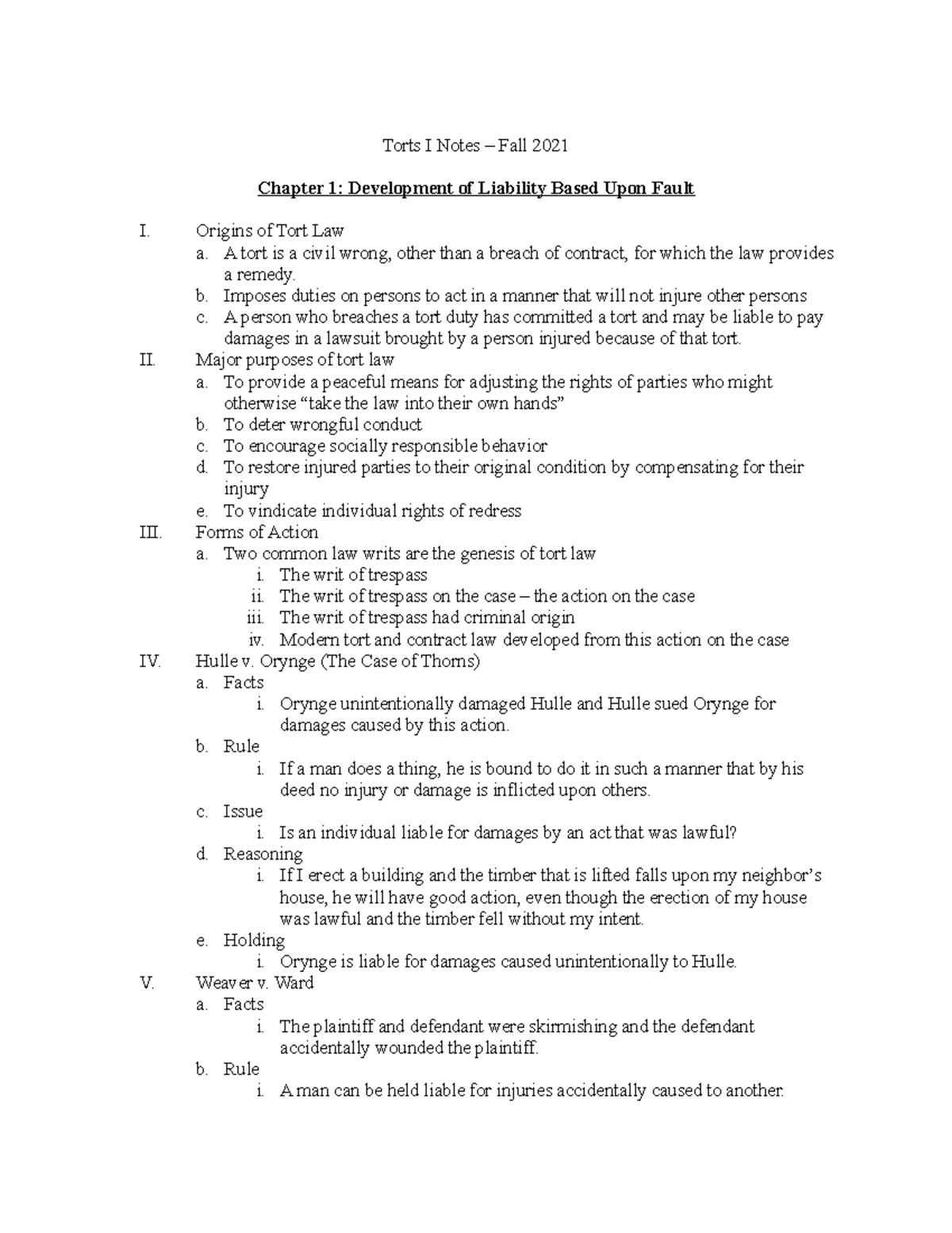 Torts I Lecture Notes – Fall 2021: Key Cases & Concepts - Studocu