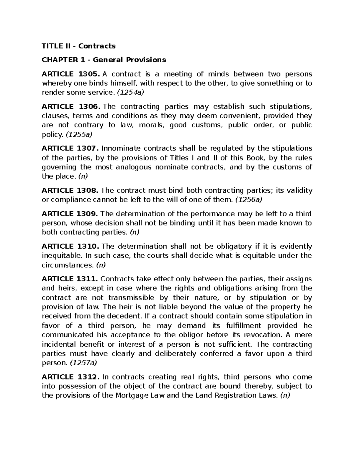 Contracts - TITLE II General Provisions and Essential Requisites - Studocu