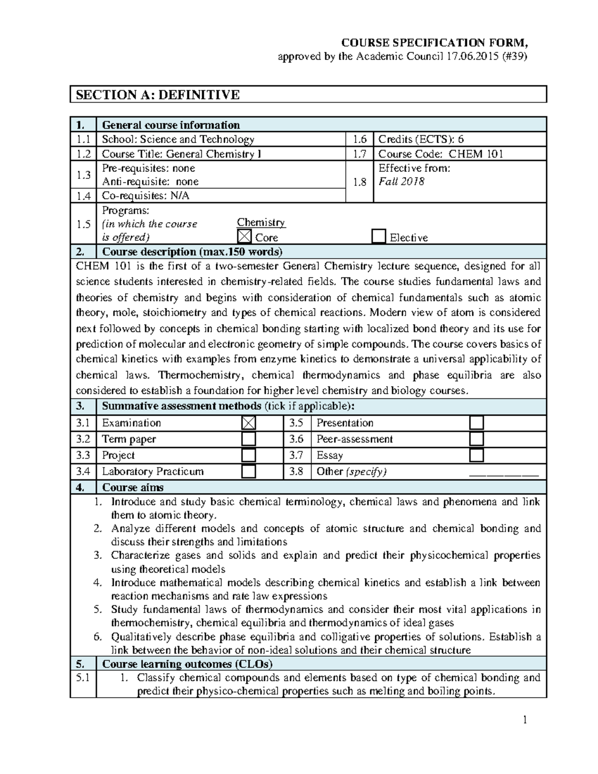 CHEM 101 - General Chemistry I Syllabus - Fall 2021 Overview - Studocu