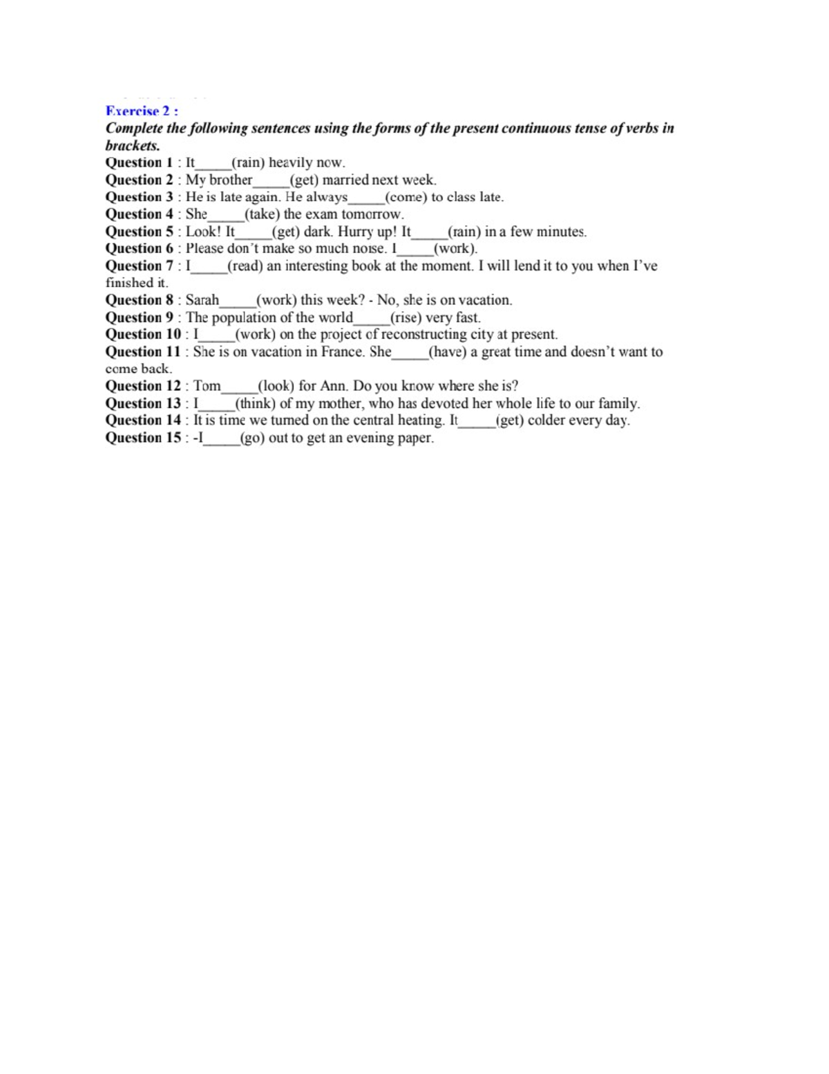 Exercise 2: Present Continuous Tense Practice - Ex1 ENGLISH - Studocu