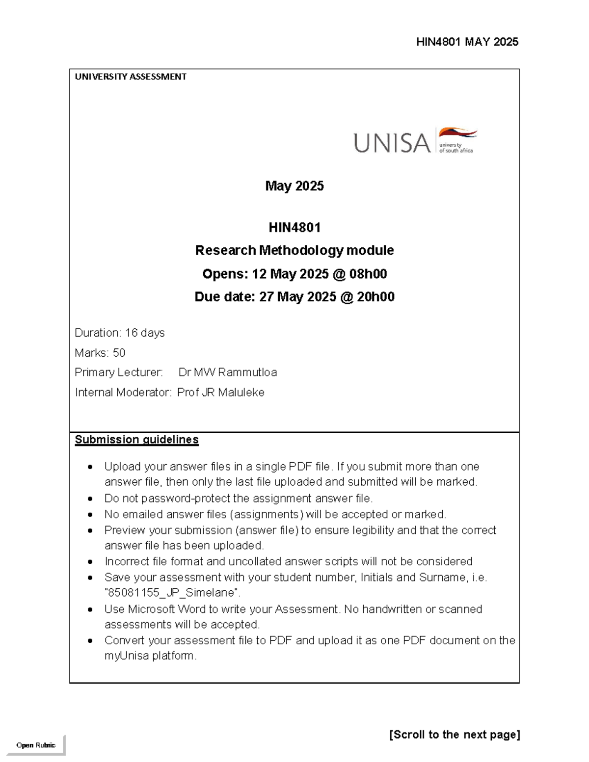 HIN4801 May 2025 Research Methodology Assessment Guidelines and ...
