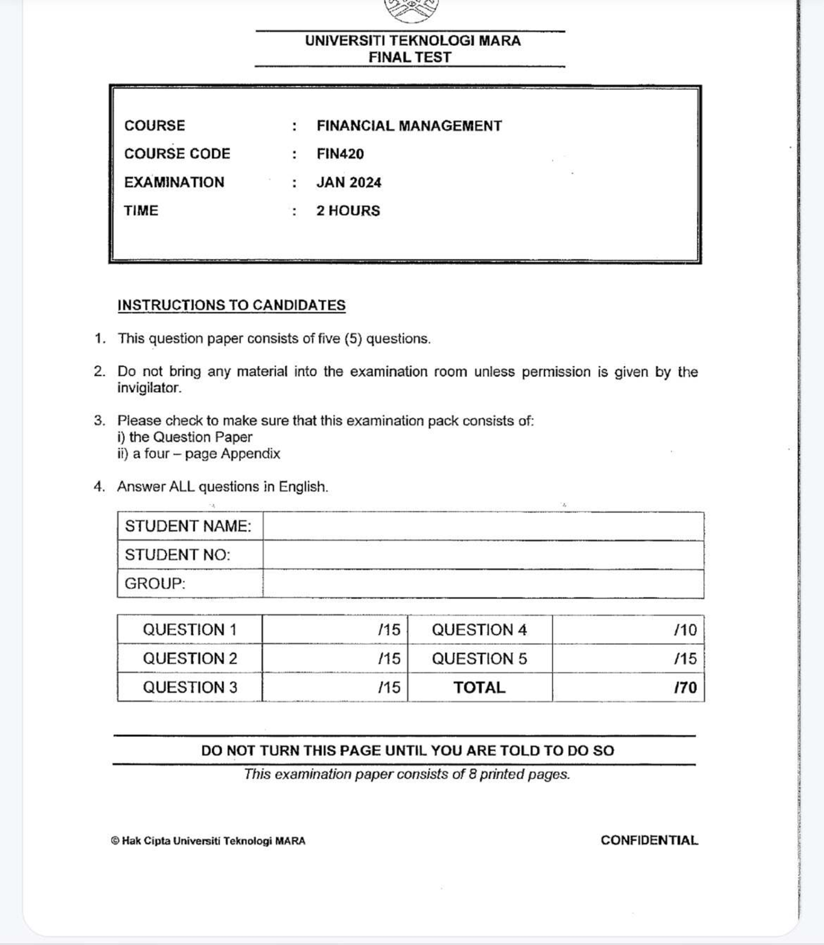 FIN420 Financial Management Final Exam Paper - January 2024 - Studocu