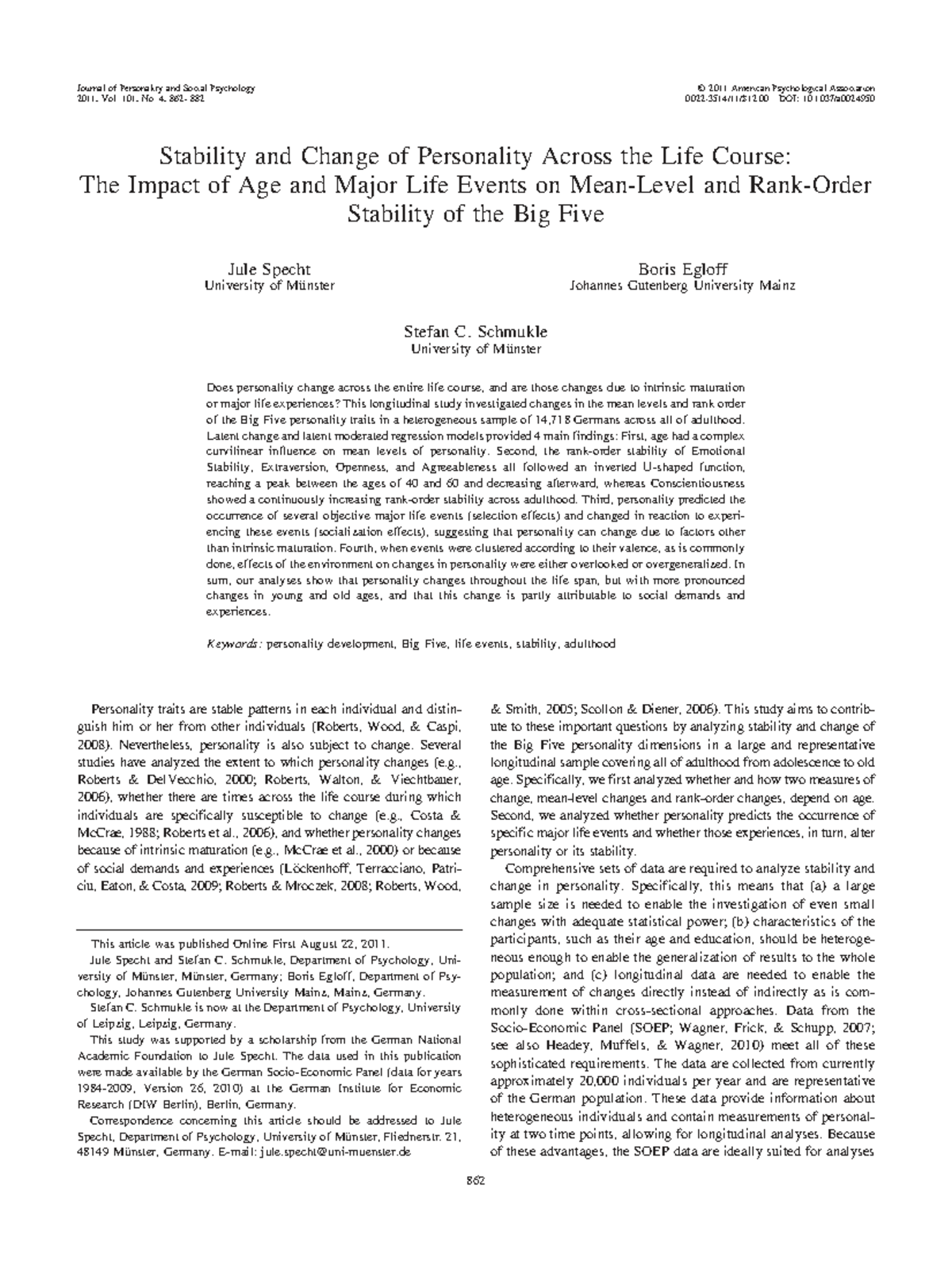 Stability and Change of Personality Across the Life Course: Age and ...