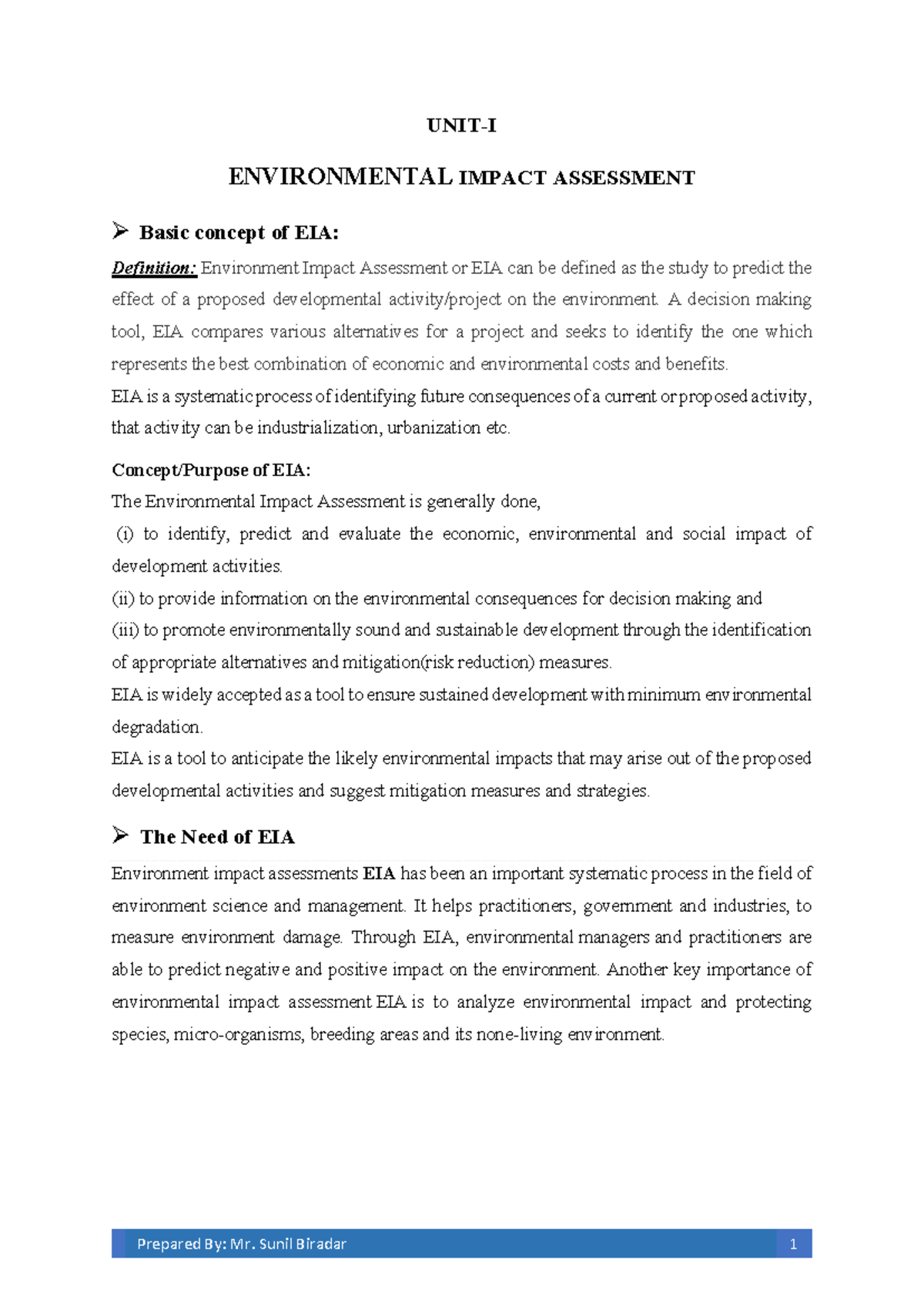 UNIT 1 - Understanding Environmental Impact Assessment (EIA) - Studocu