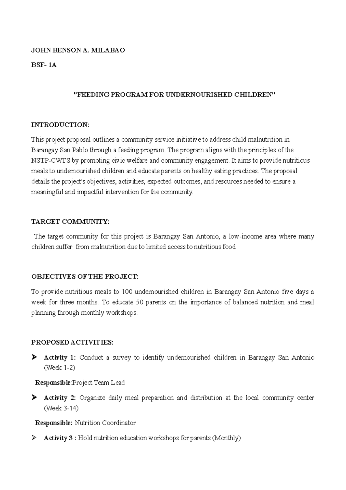 BSF-1A: Feeding Program Proposal for Undernourished Children - Studocu