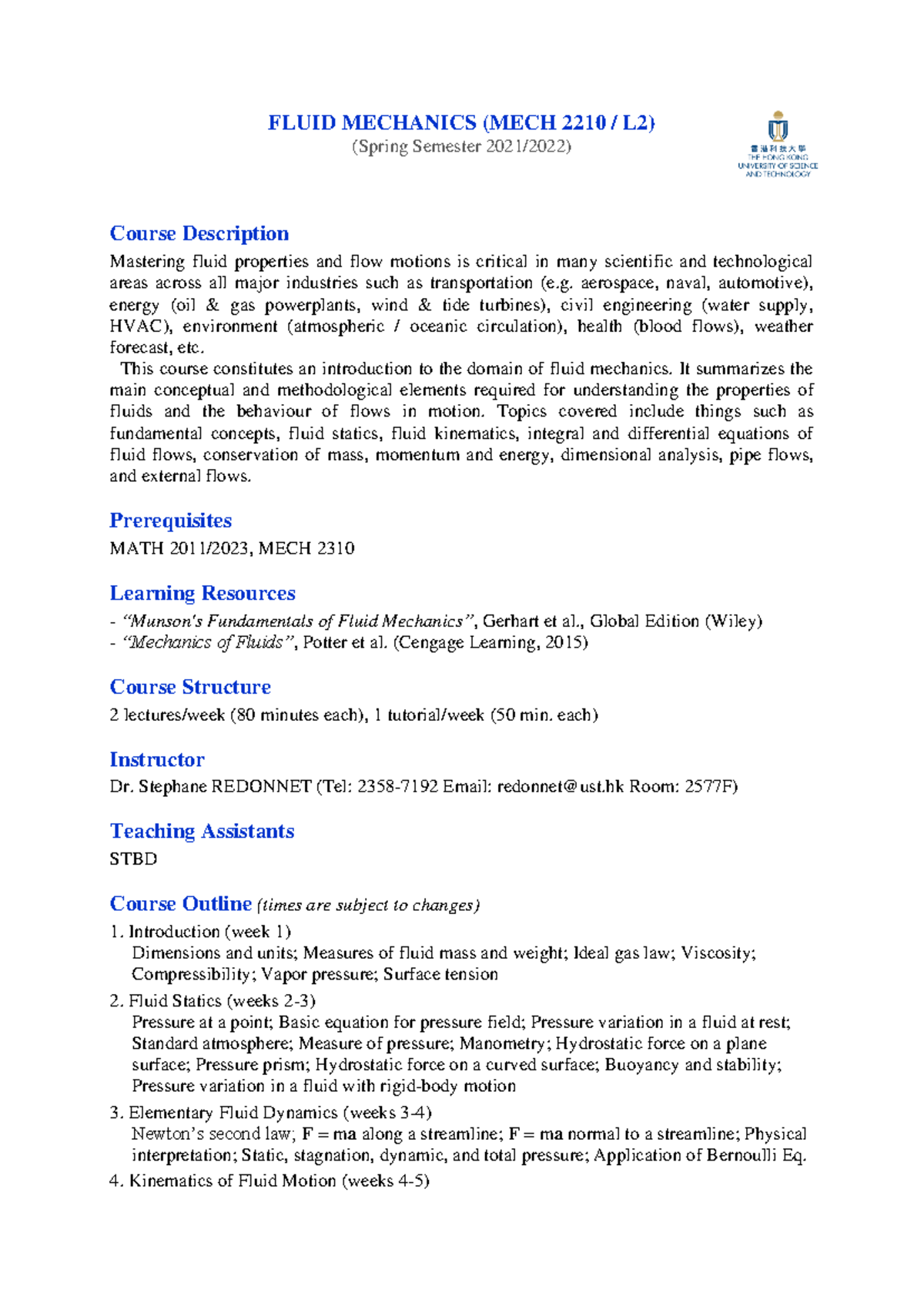 MECH 2210 L2 - Fluid Mechanics Spring 2022 Syllabus Overview - Studocu
