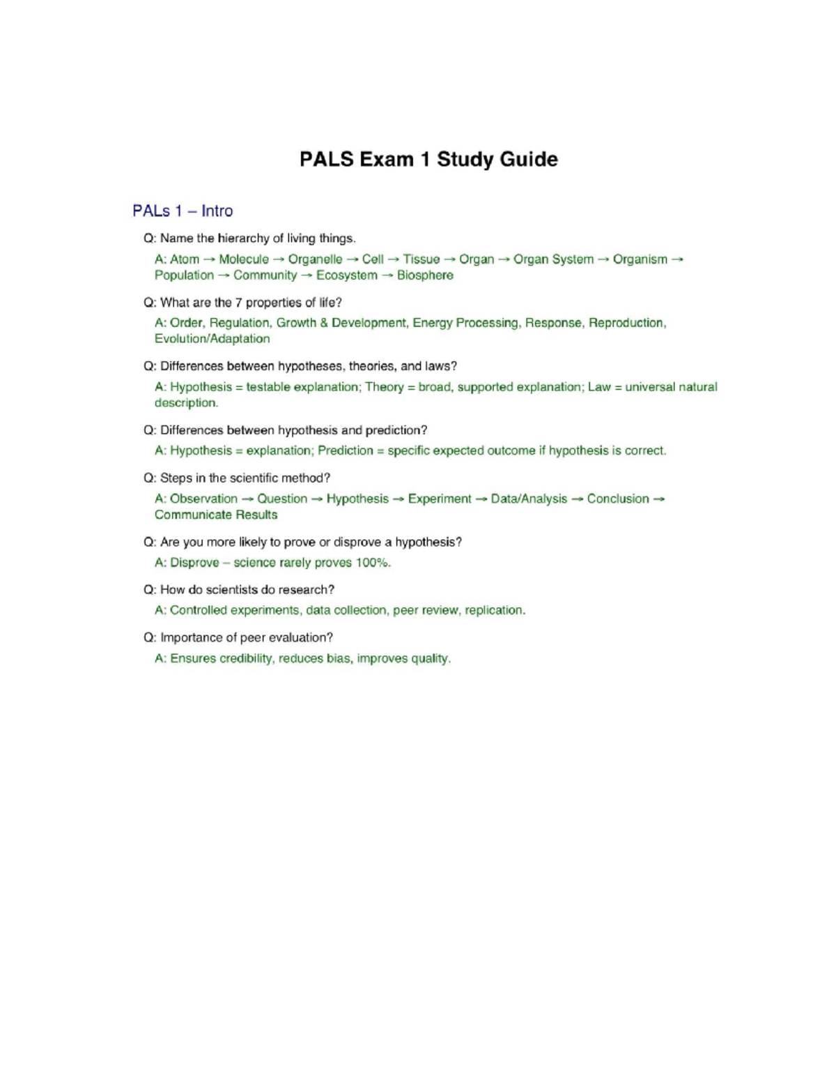 PALS 1 & 2 Exam Study Guide: Hierarchy of Life & Chemistry - Studocu