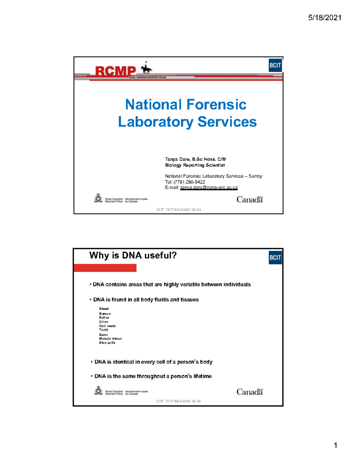BCIT FSCT 9840 Lesson 3: Overview of RCMP Lab DNA Services - Studocu