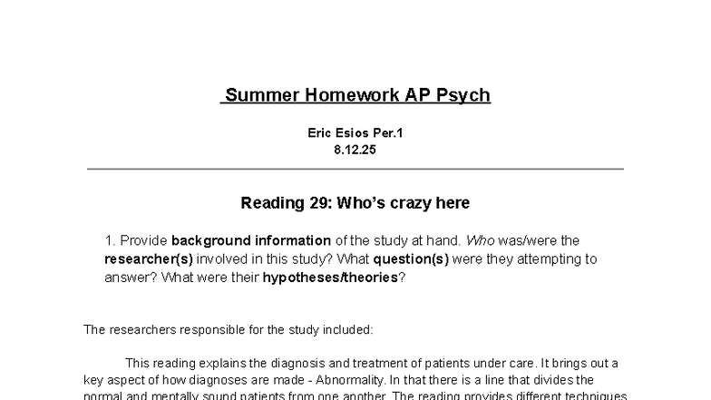 All Work AP Psych (Eric Esios P.1) - Summer Homework Insights - Studocu