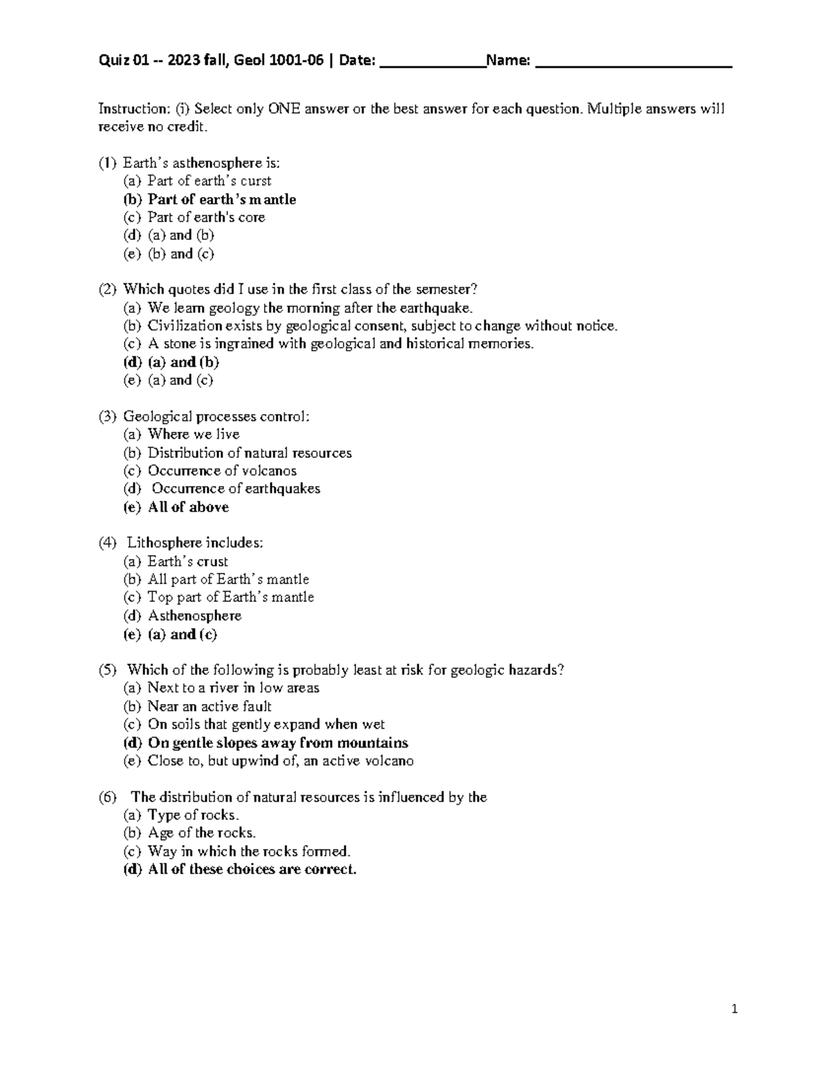 Quiz 01 Answers - Geol 2023 Fall - Chapter 1 - Studocu