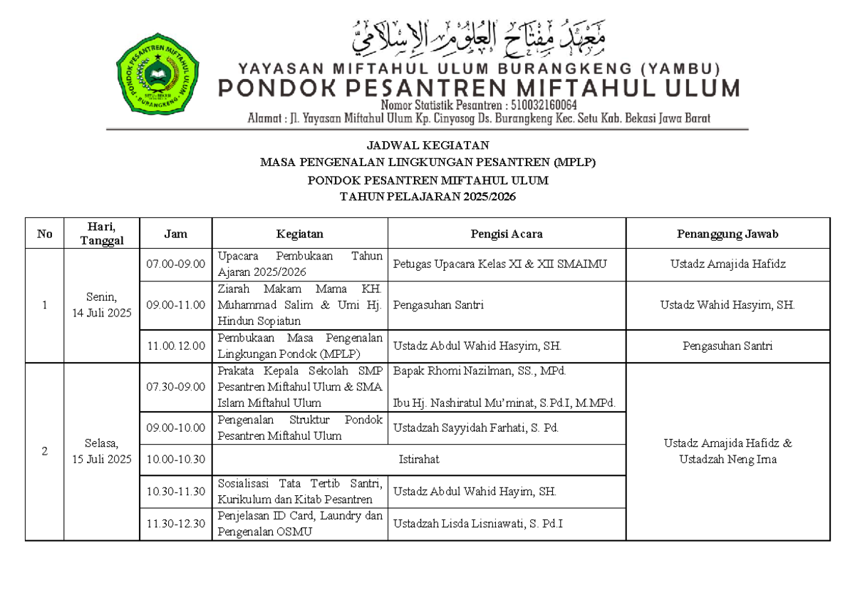 Jadwal Kegiatan MPLP 2025-2026 di Pesantren Miftahul Ulum - Studocu