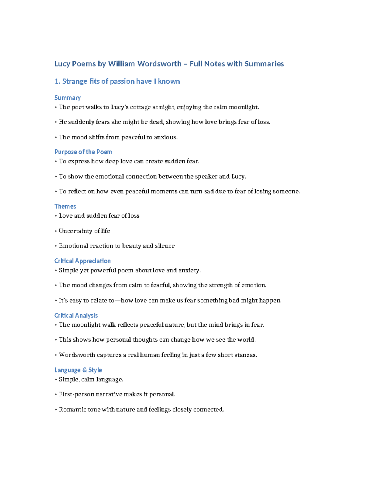 Lucy Poems (Wordsworth) - Poem 1 Full Notes & Summary - Studocu
