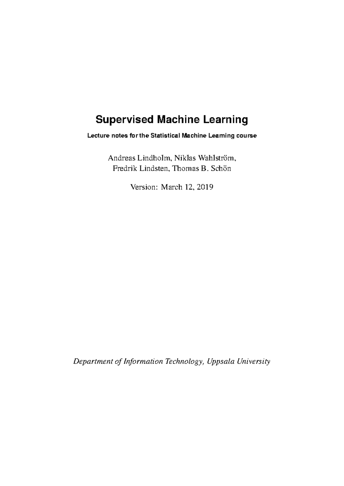 Statistical Machine Learning 1RT700 - Lecture Notes (Unit 4) - Studocu