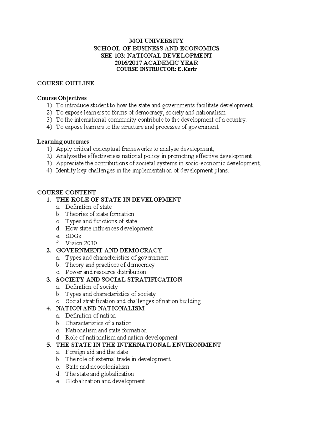SBE 103 Course Outline: National Development Strategies & Goals - Studocu