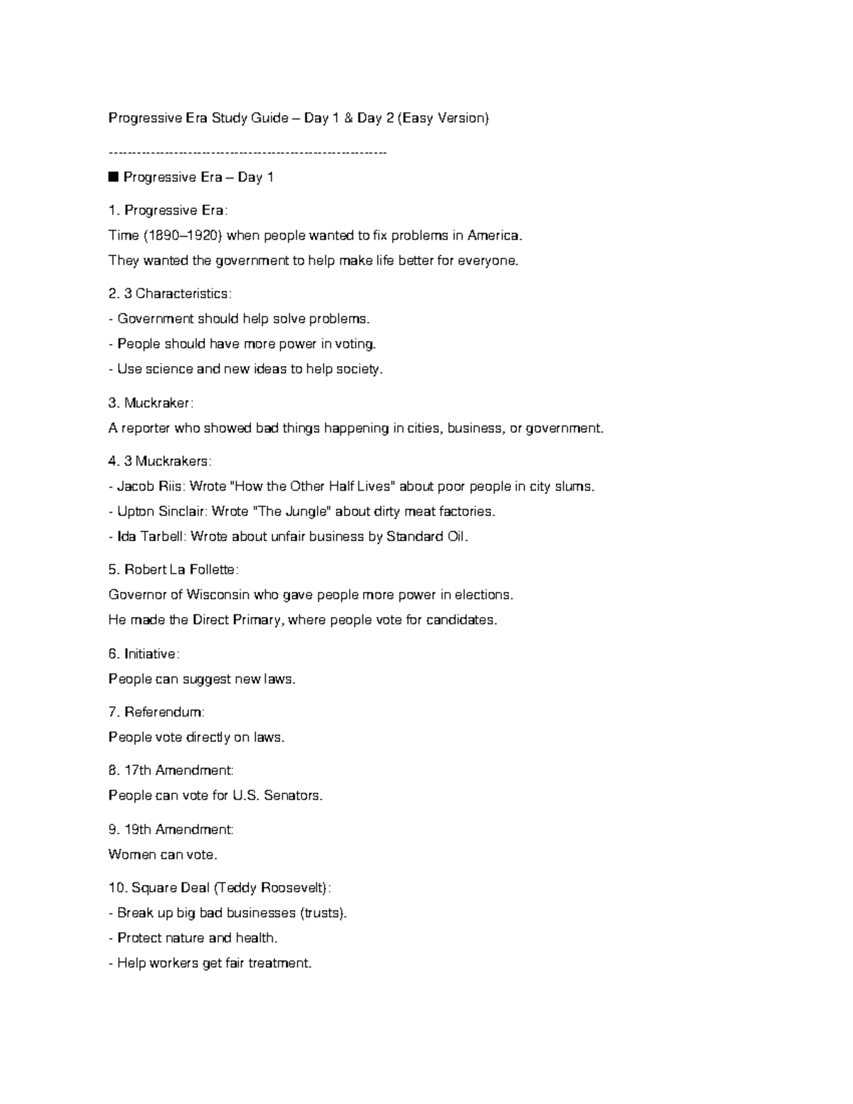 Progressive Era Study Guide (1890-1920) - Days 1 & 2 Overview - Studocu