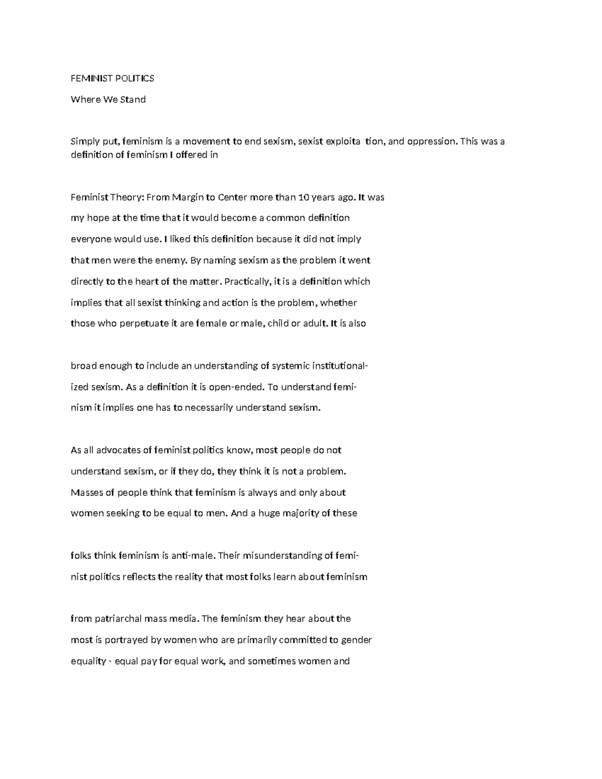 Reading week 3 - FEMINIST POLITICS Where We Stand Simply put, feminism ...