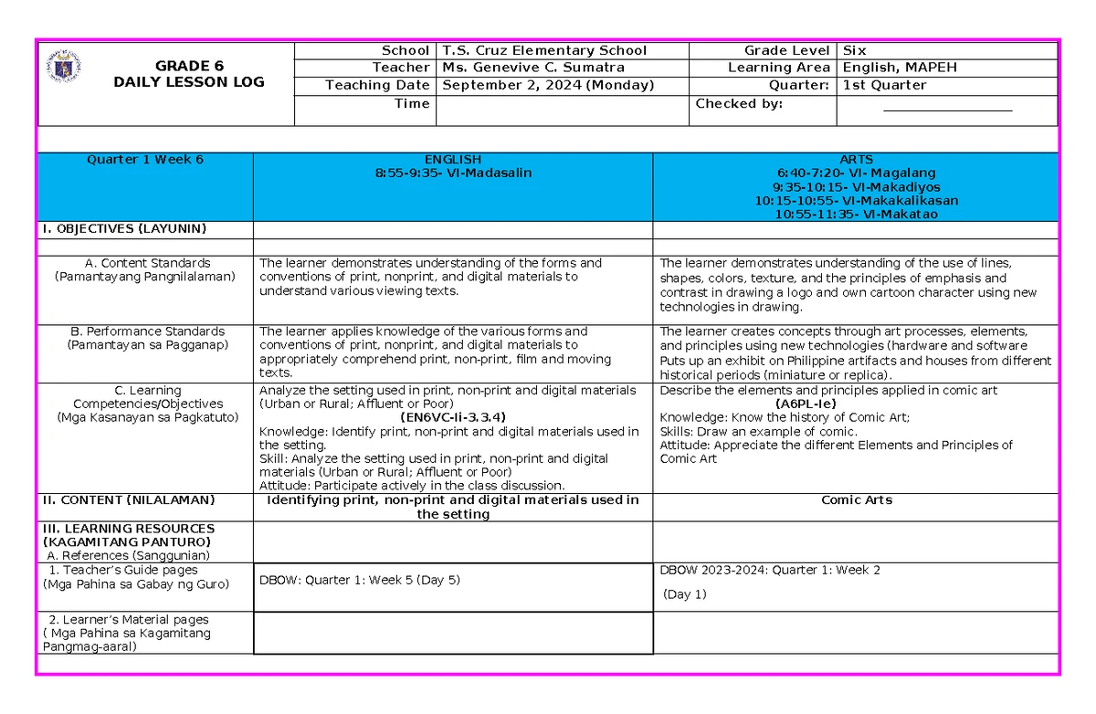 DLL Q2 - Week 4 Lesson Plan for Grade 5: English & MAPEH - Studocu