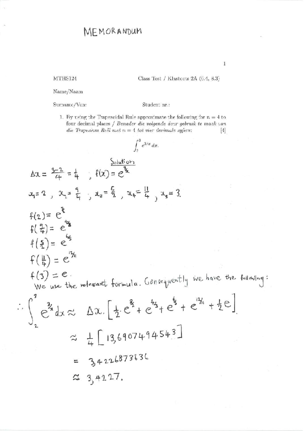 Solutions to MTHS124 Class Test 2A: Trapezoidal & Simpson's Rules - Studocu