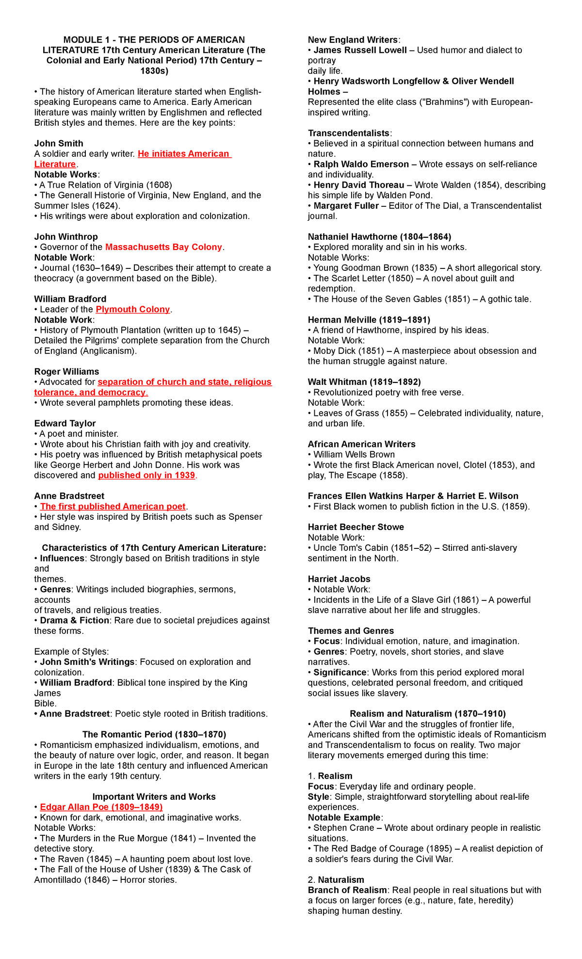 ENG 160 Review: Key Concepts in American Literature and Poetry - Studocu