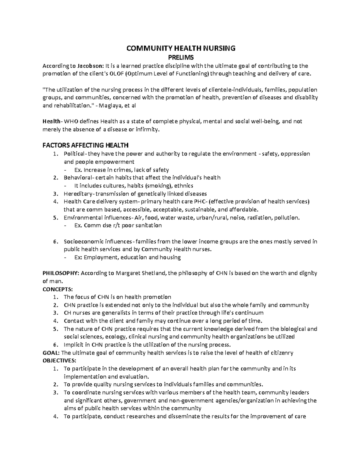 COMMUNITY HEALTH NURSING PRELIMS: Key Concepts and Goals - Studocu