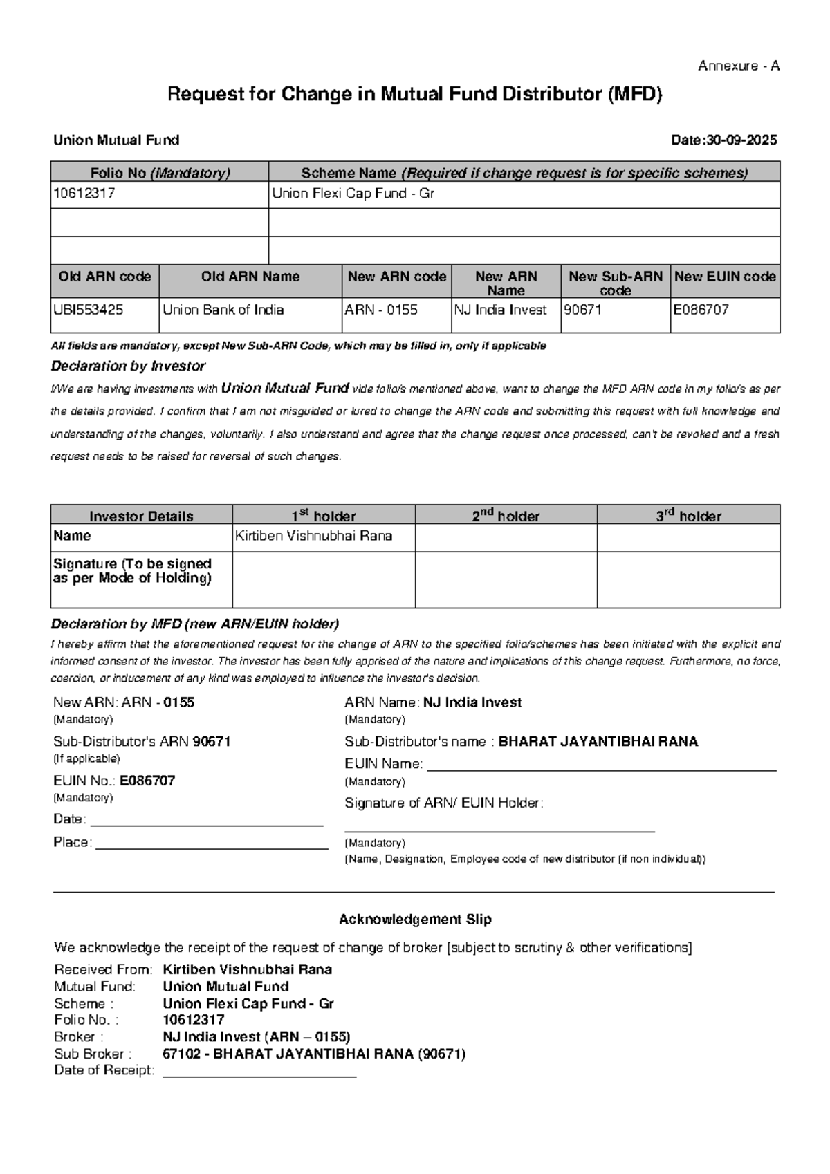 Annexure A: Request for Change in MFD ARN - Union Mutual Fund - Studocu