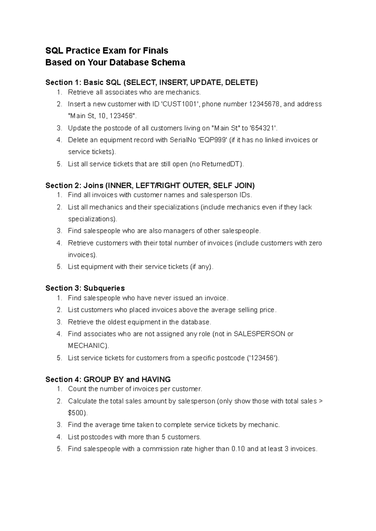 SQL Final Exam Practice: Basic SQL, Joins, Subqueries, and Grouping ...