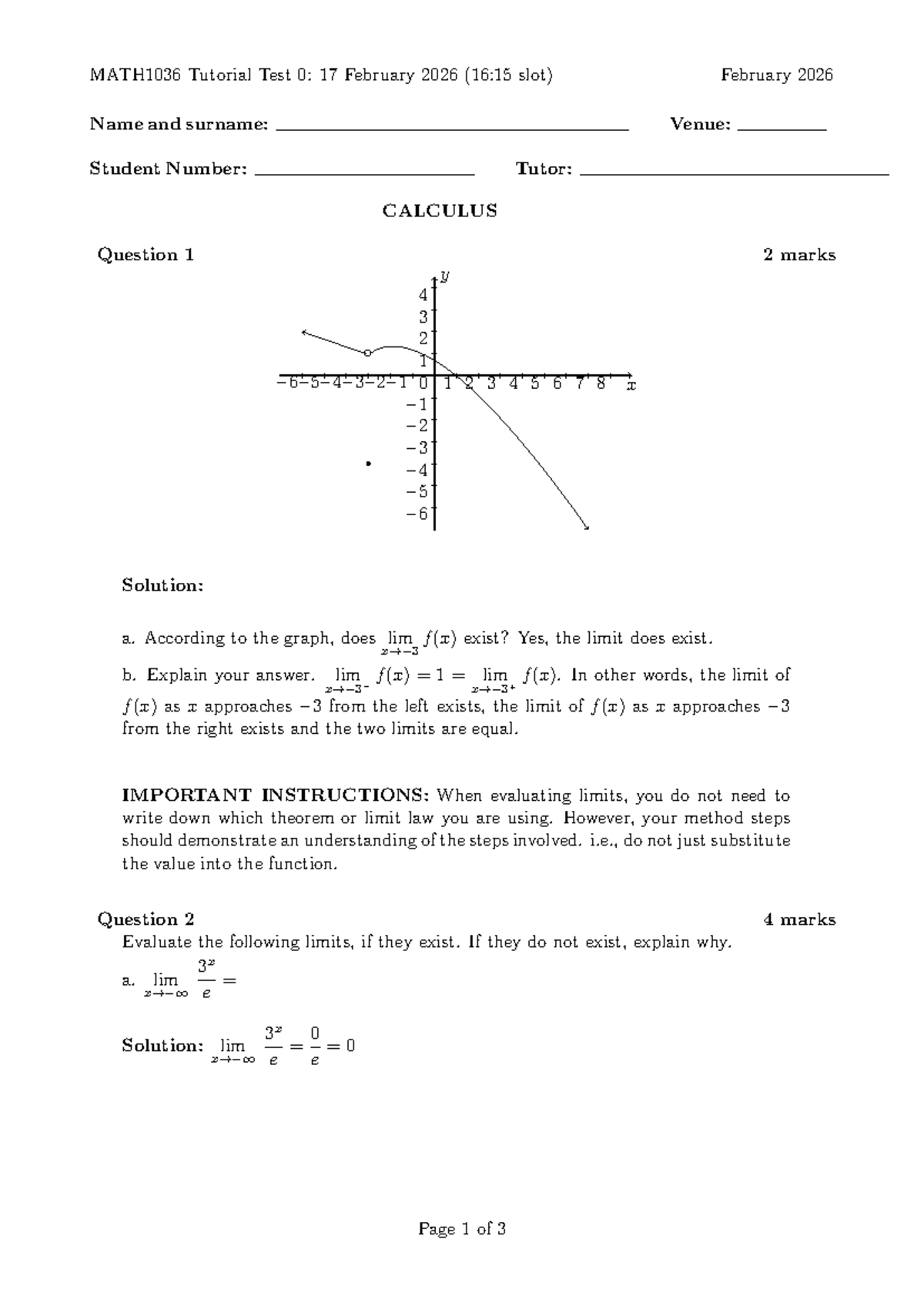 MATH1036 Tutorial Test 0 Solutions - February 17, 2026 - Studocu