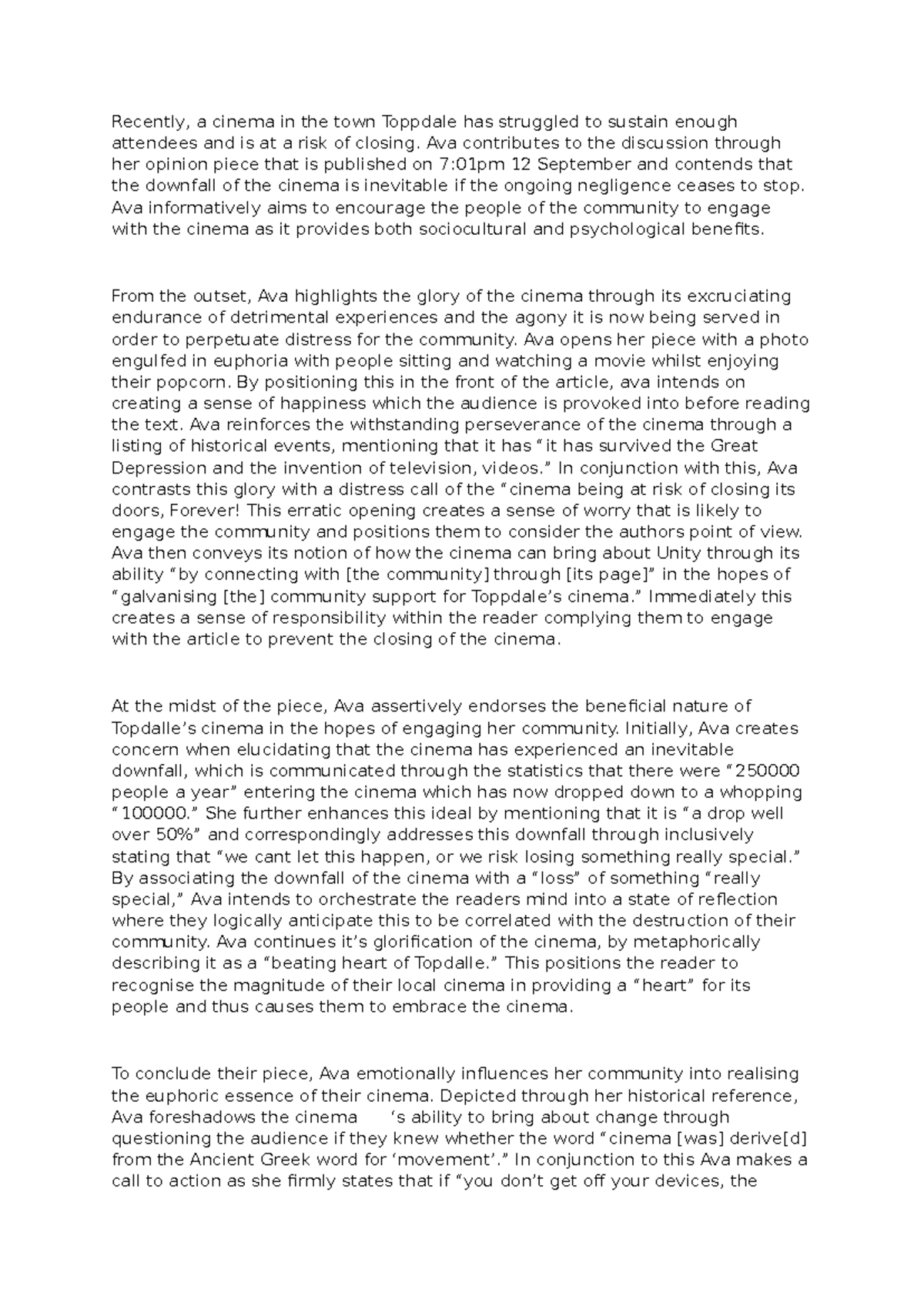 Argument Analysis 1 - Community Support for Toppdale's Cinema - Studocu