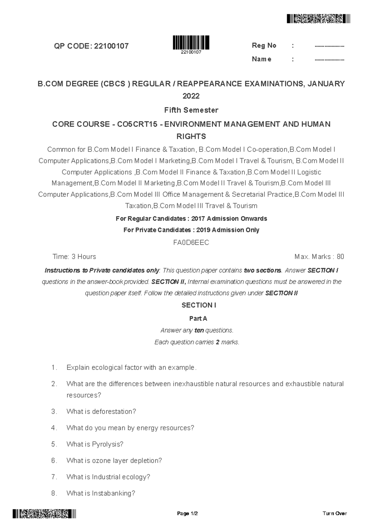 B.Com 5th Sem Environment Management & Human Rights QP 22100107 Jan ...