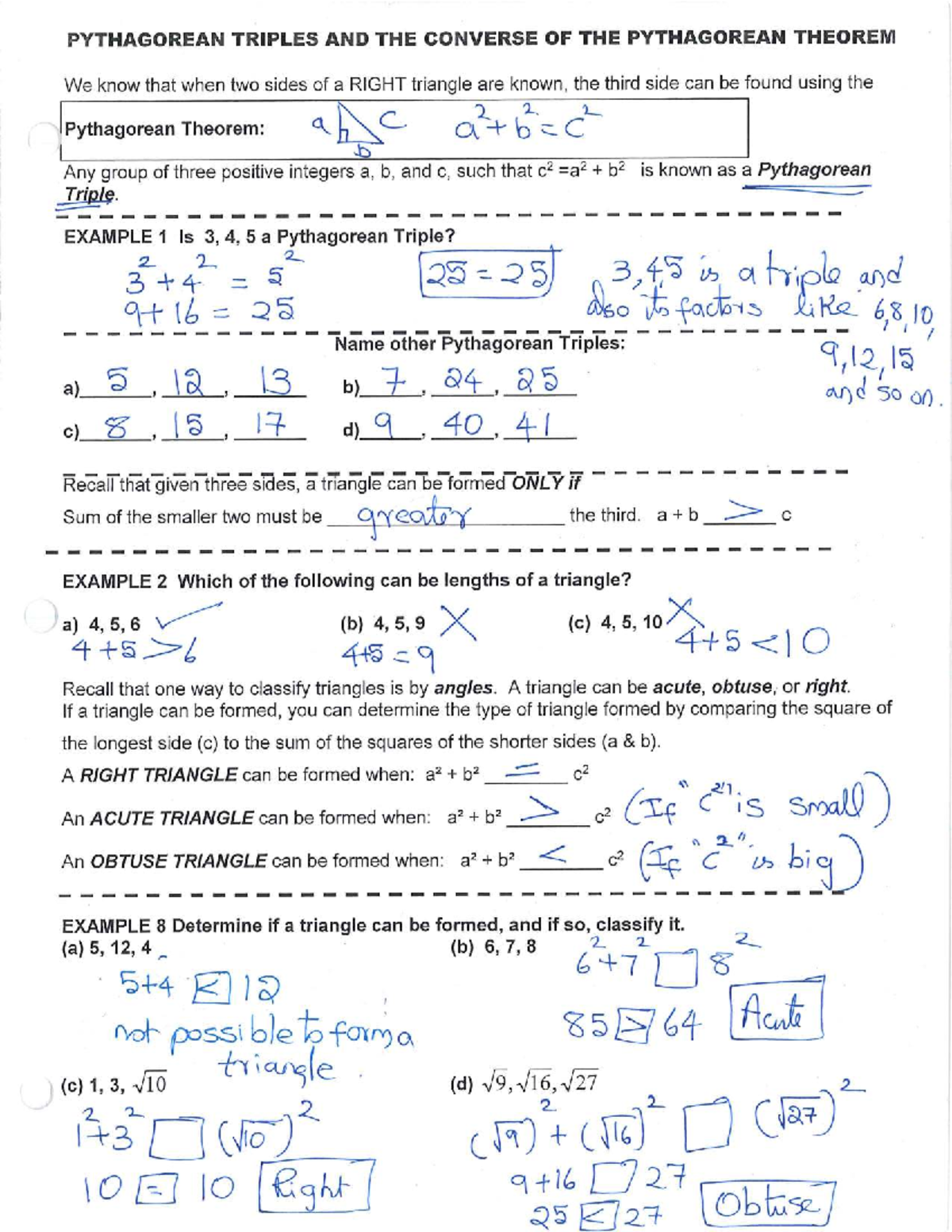 9.2 Pythagorean Triples Teaching Notes - PYTHAGOREAN TRIPLES AND THE ...