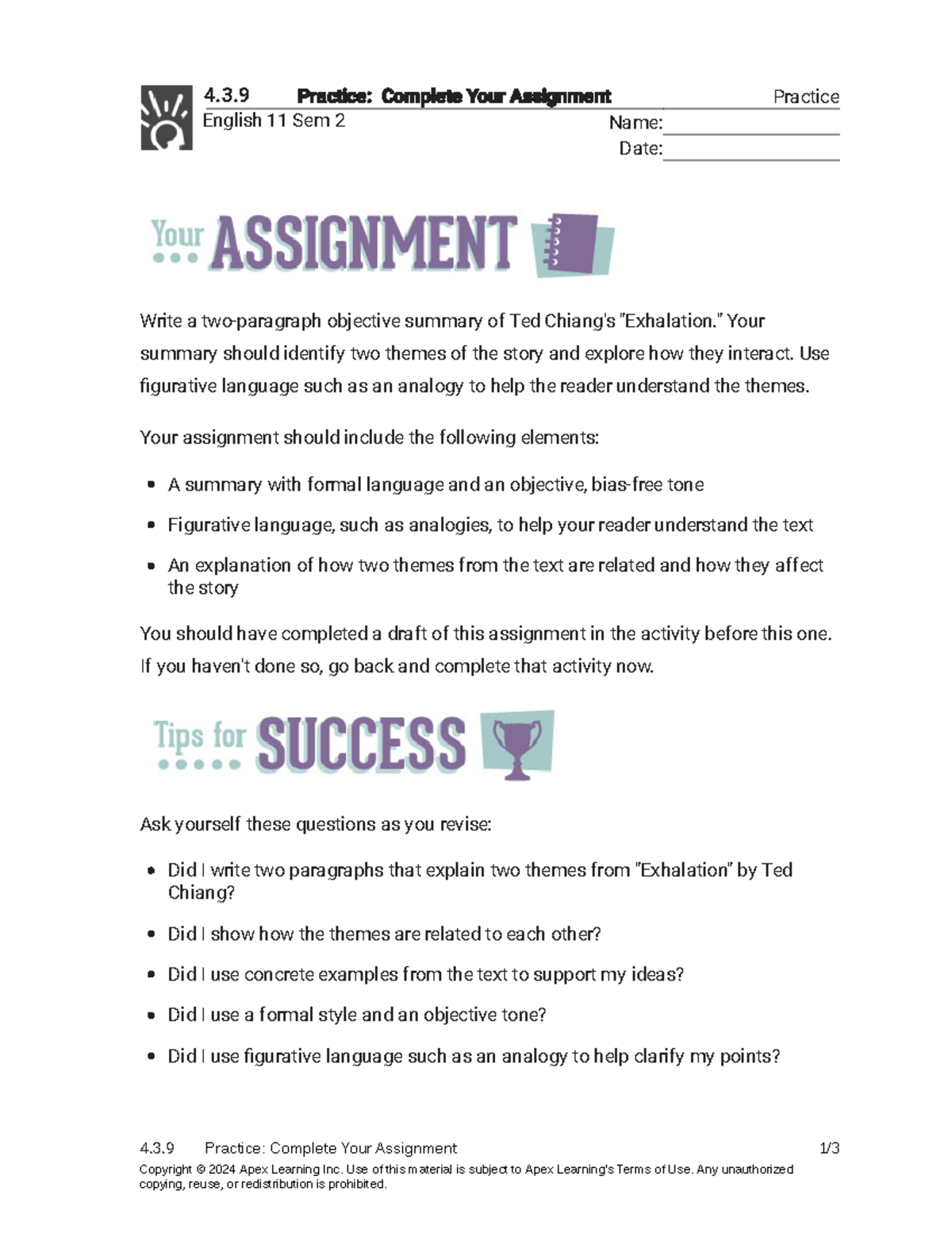 4.3.9 English 11 Sem 2 - Practice: Complete Your Assignment Summary ...