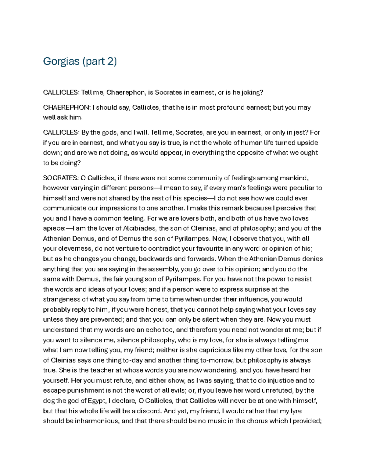 Gorgias (Part 2) - Lecture Notes and Reading on Callicles - Studocu