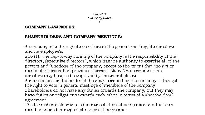 CLS cc Company Law Notes: Shareholders & Meetings Overview - Studocu