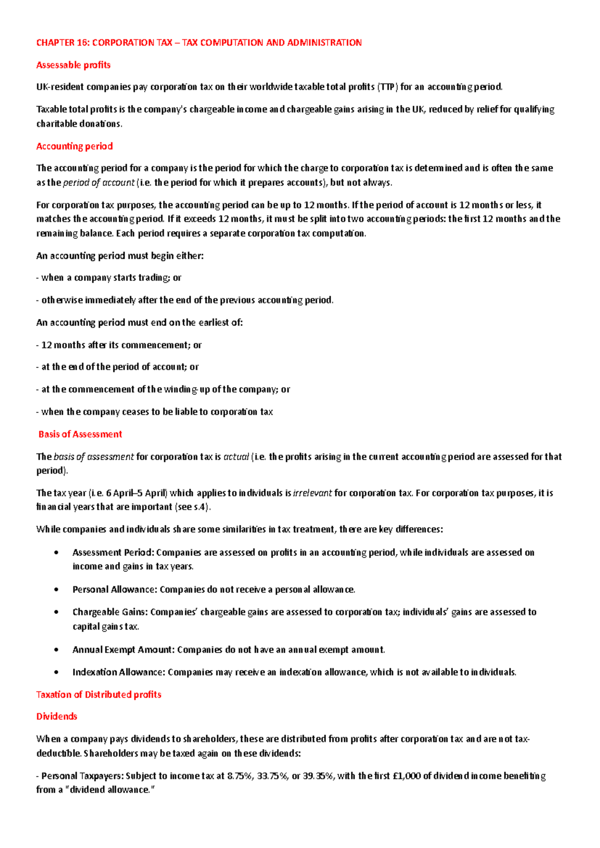 CHAPTER 16: CORPORATION TAX COMPUTATION & ADMINISTRATION Notes - Studocu
