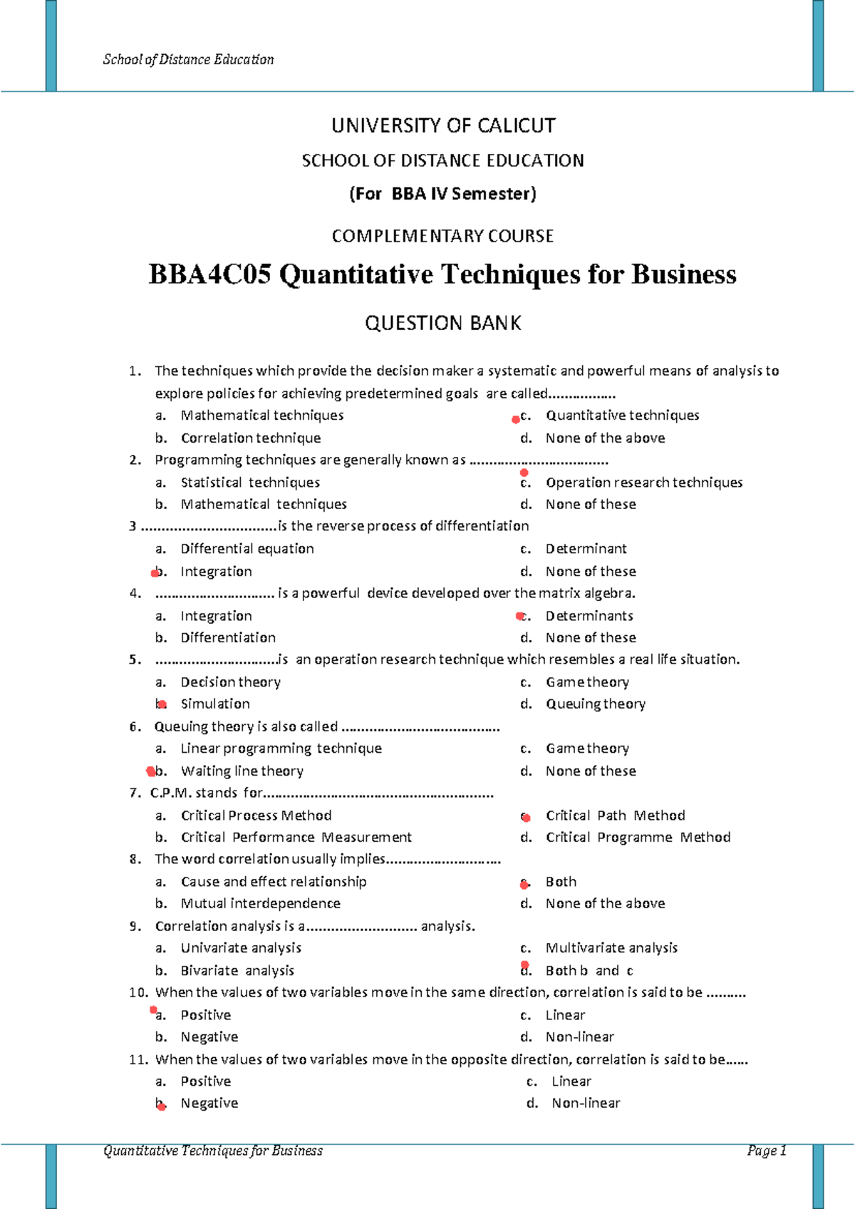 BBA4C05 Quantitative Techniques for Business - Question Bank - Studocu
