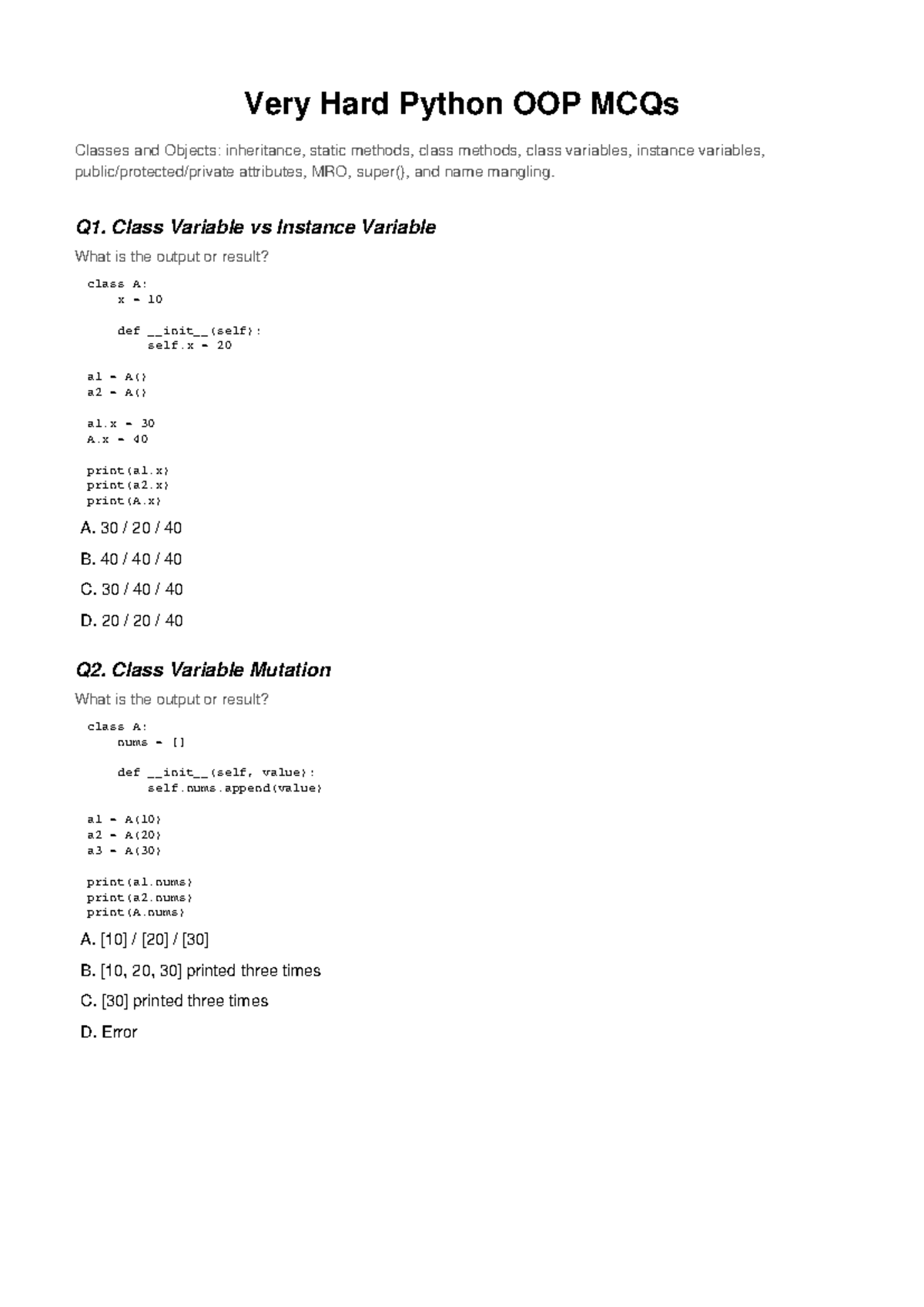 Python OOP MCQs: Classes, Inheritance, and Static Methods (CS101) - Studocu