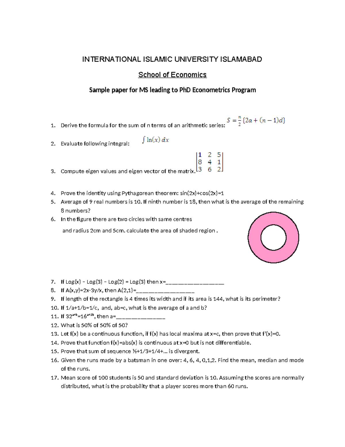 MS/PhD econometrics sample paper with key mathematical problems - Studocu