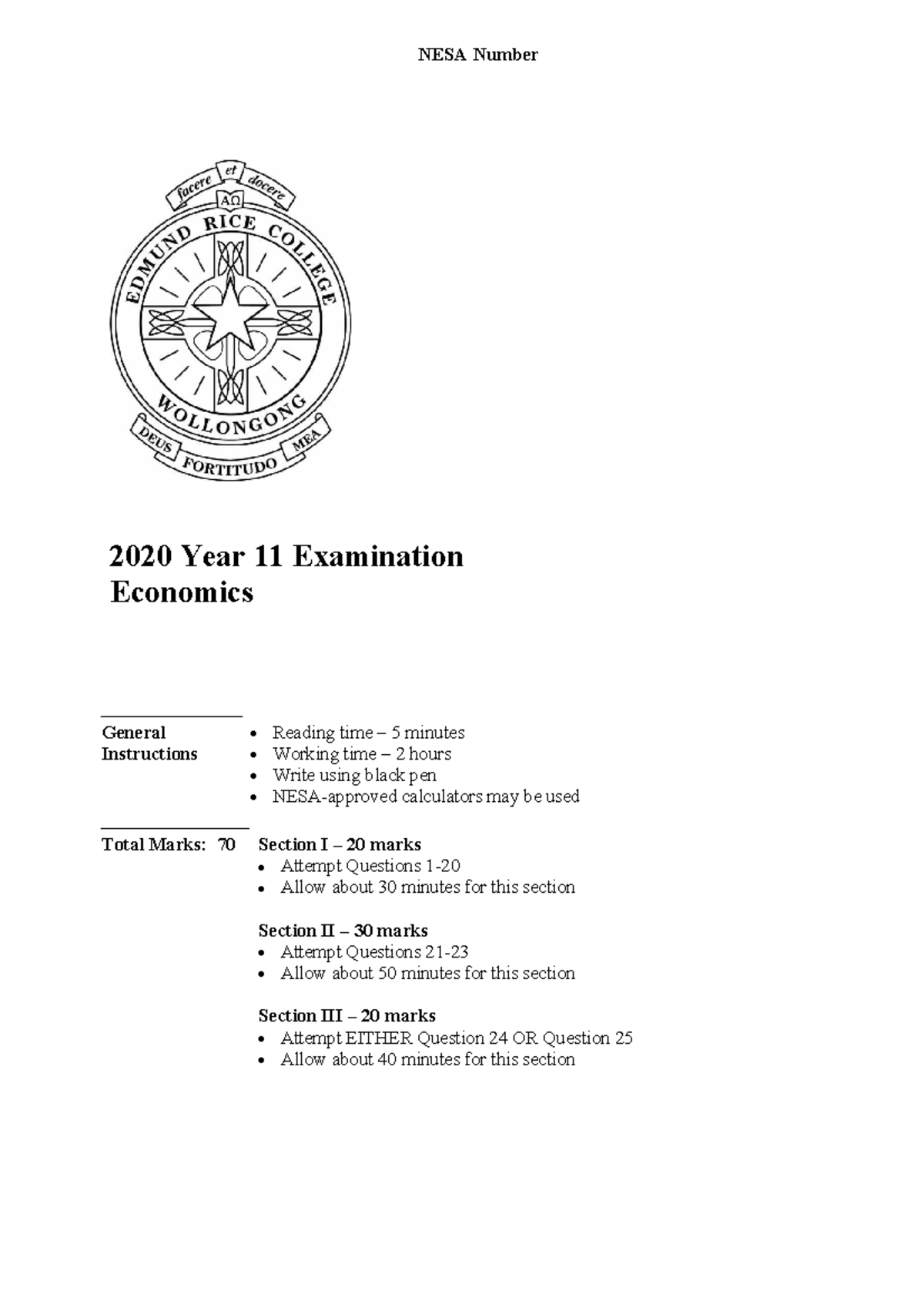 NESA Number Year 11 Economics Exam Instructions and Questions - Studocu