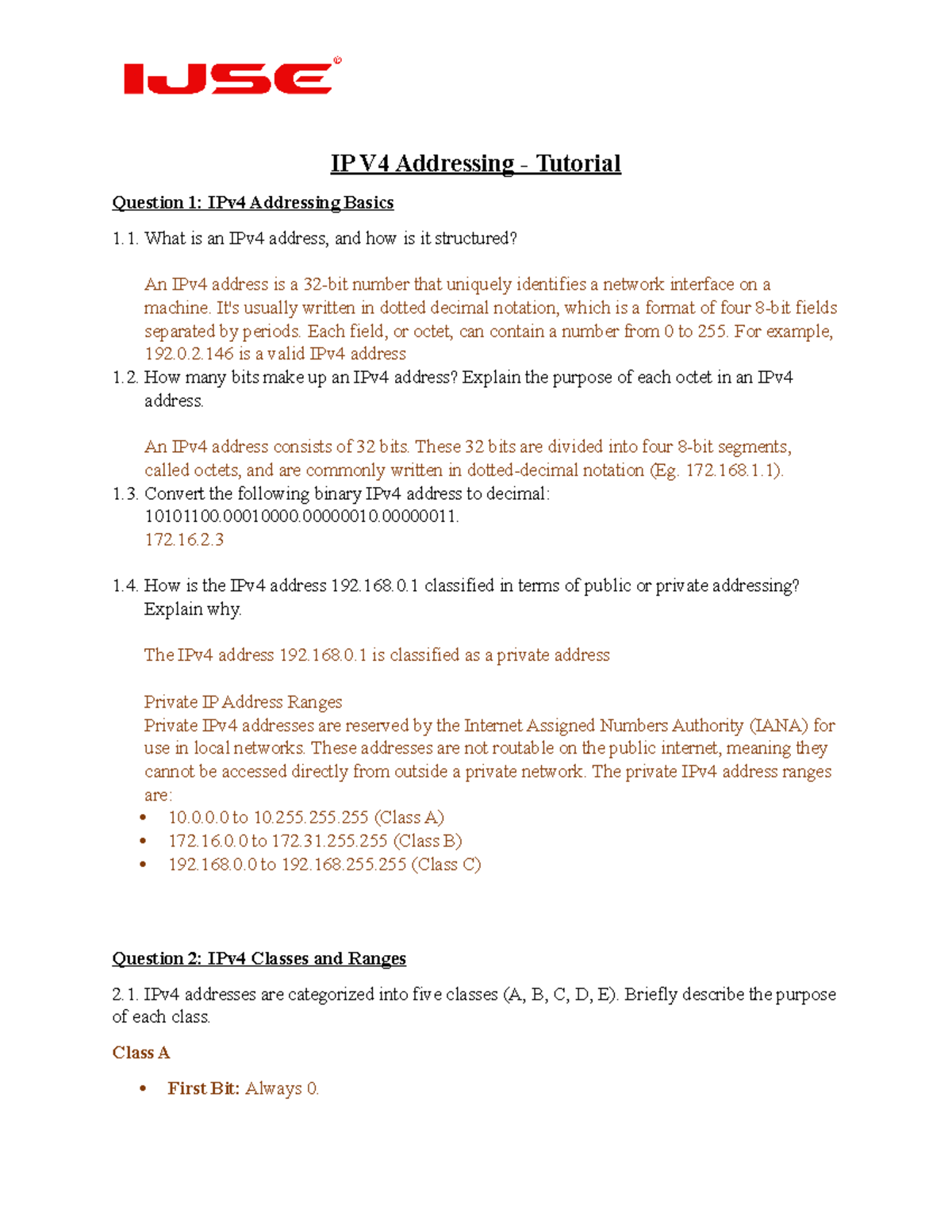 IP V4 Addressing - Tutorial - IP V4 Addressing - Tutorial Question 1 ...