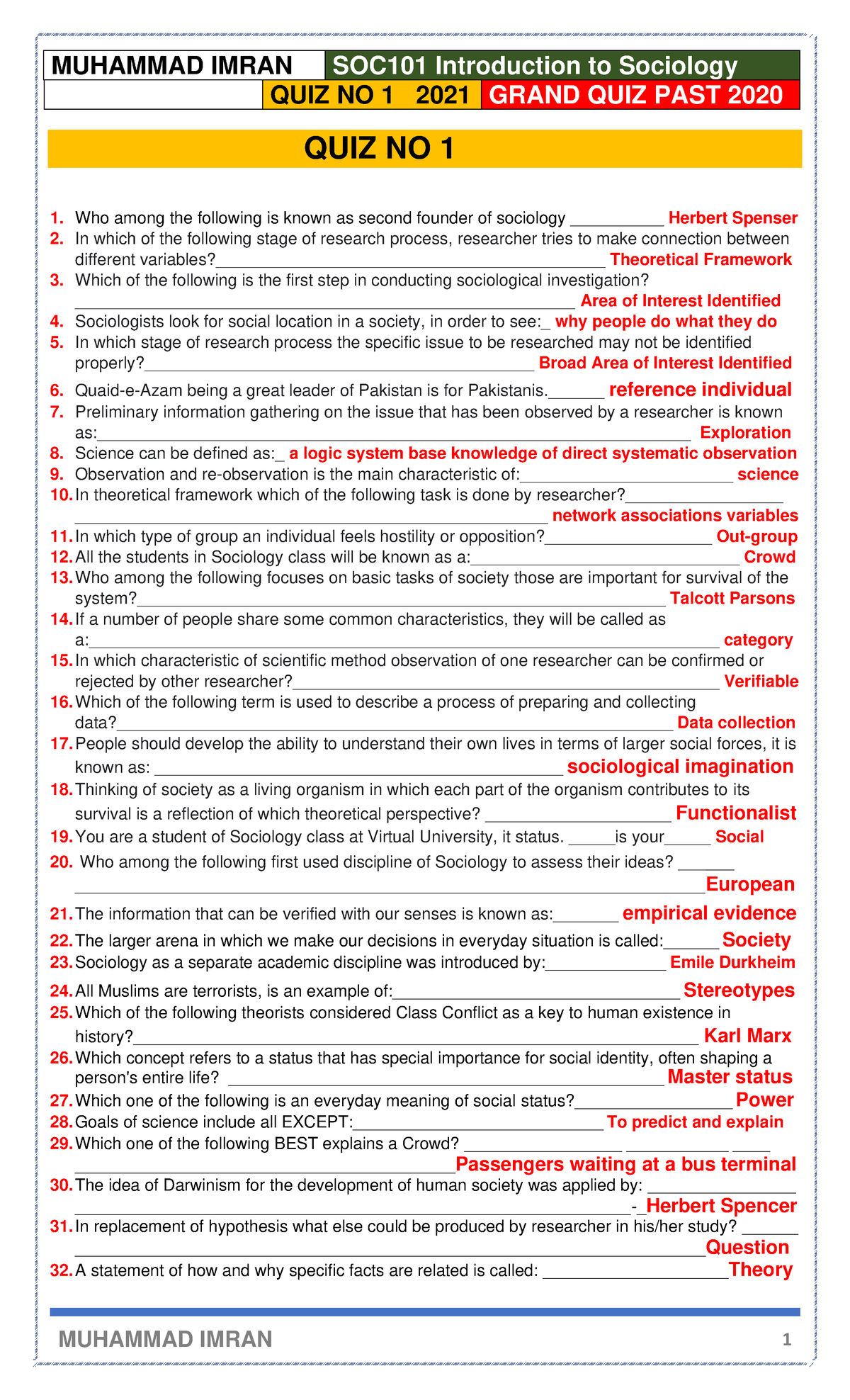 SOC101 Quiz 1 and Grand Quiz Notes: Key Sociology Concepts - Studocu